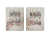 [BOOK OF HOURS]. A group of 25 leaves from medieval and renaissance manuscripts and printed books, including 5 or more from Otto Ege’s Fifty Original Leaves from Medieval Manuscripts. Western Europe: XII-XVI Century [compiled Cleveland, c.1950] and Original Leaves from Famous Bibles: Nine Centuries, 1121-1935 A.D [Compiled Cleveland, c.1950]. Various sizes, including: