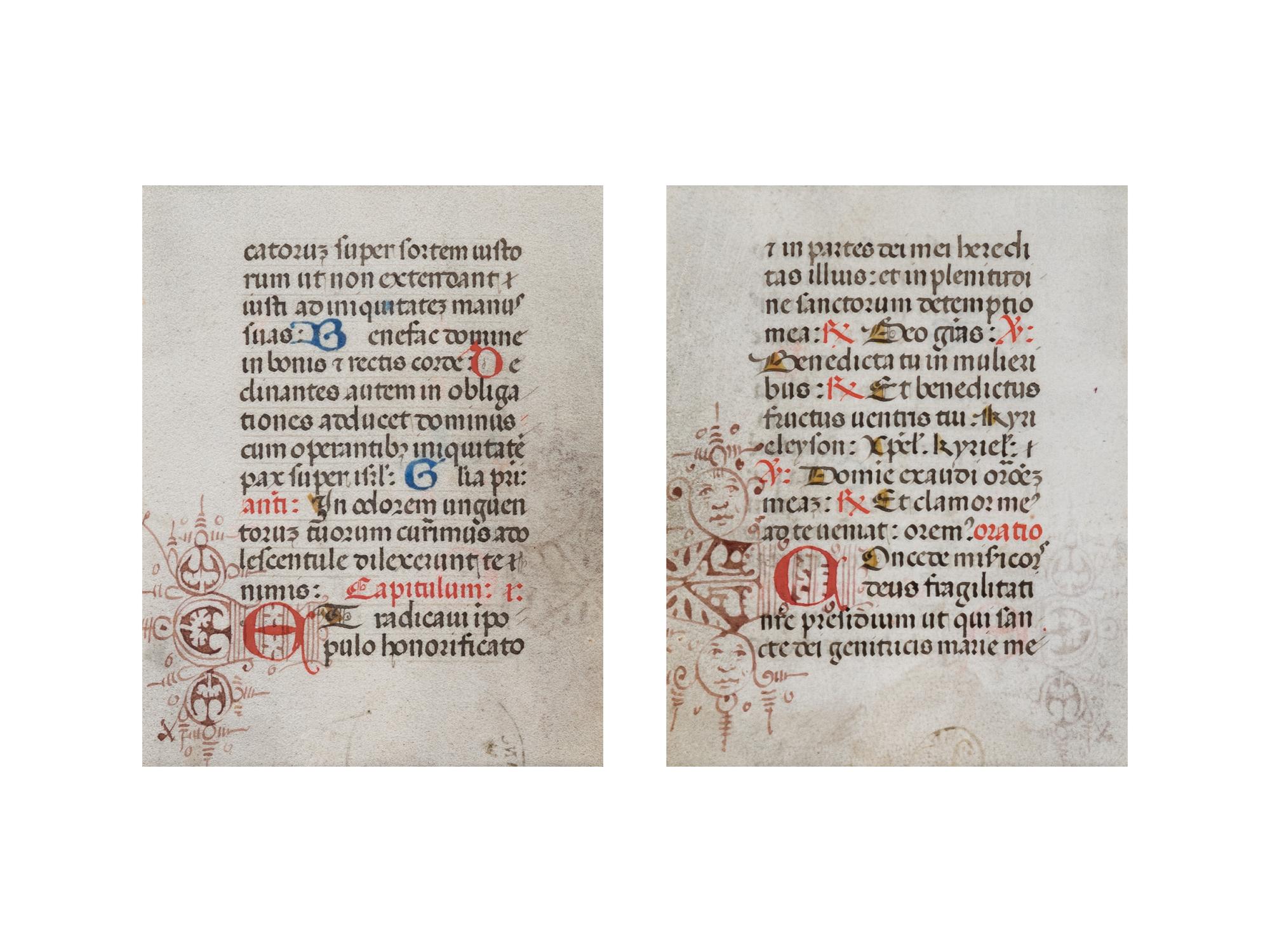 [BOOK OF HOURS]. A group of 25 leaves from medieval and renaissance manuscripts and printed books, including 5 or more from Otto Ege’s Fifty Original Leaves from Medieval Manuscripts. Western Europe: XII-XVI Century [compiled Cleveland, c.1950] and Original Leaves from Famous Bibles: Nine Centuries, 1121-1935 A.D [Compiled Cleveland, c.1950]. Various sizes, including: