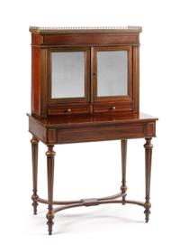 A Louis XVI Style Brass Banded Bonheur Du Jour Height 53 1/4 x width 31 3/4 x depth 20 1/2 inches. — 19TH CENTURY
