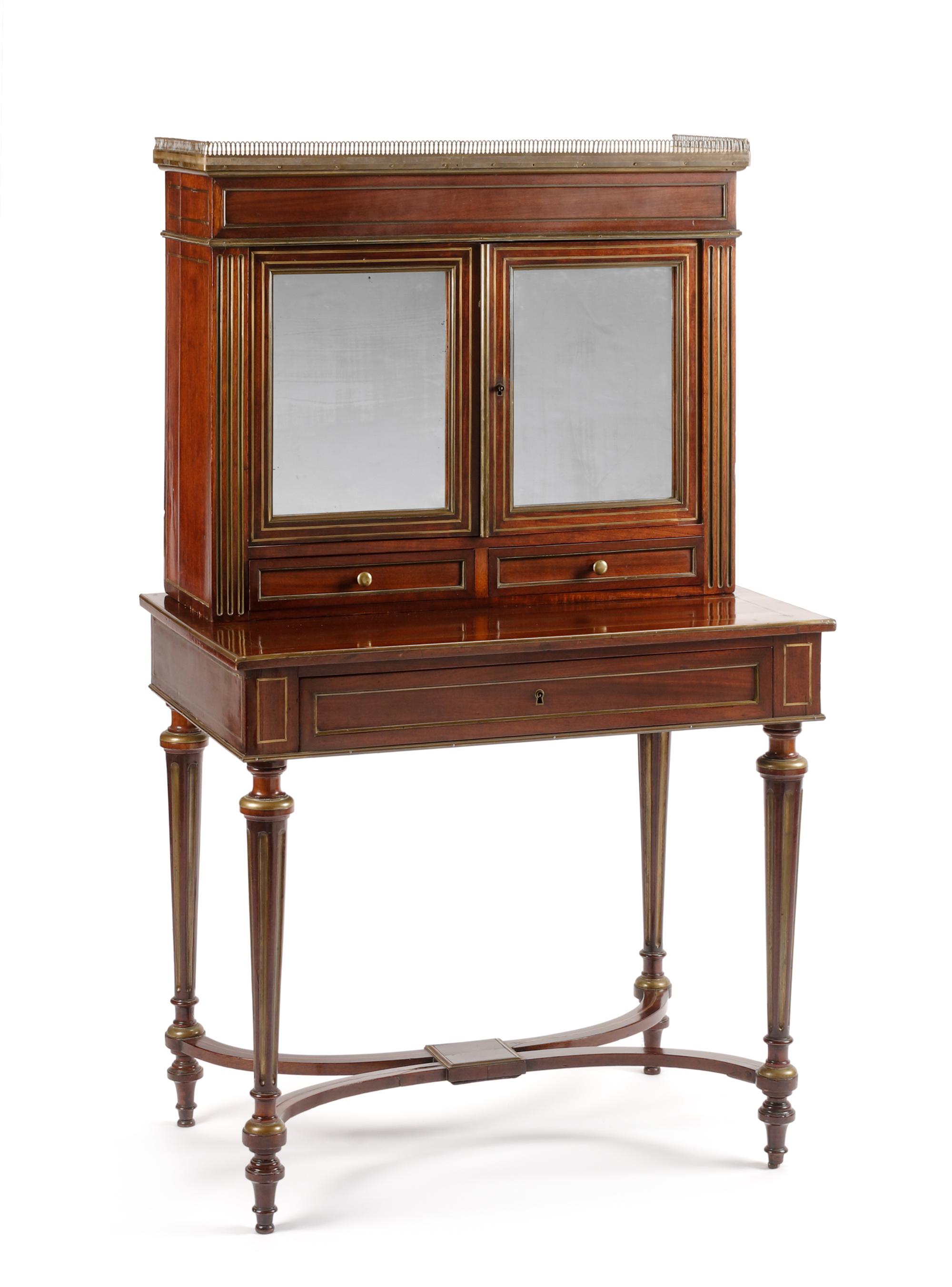 A Louis XVI Style Brass Banded Bonheur Du Jour Height 53 1/4 x width 31 3/4 x depth 20 1/2 inches. — 19TH CENTURY