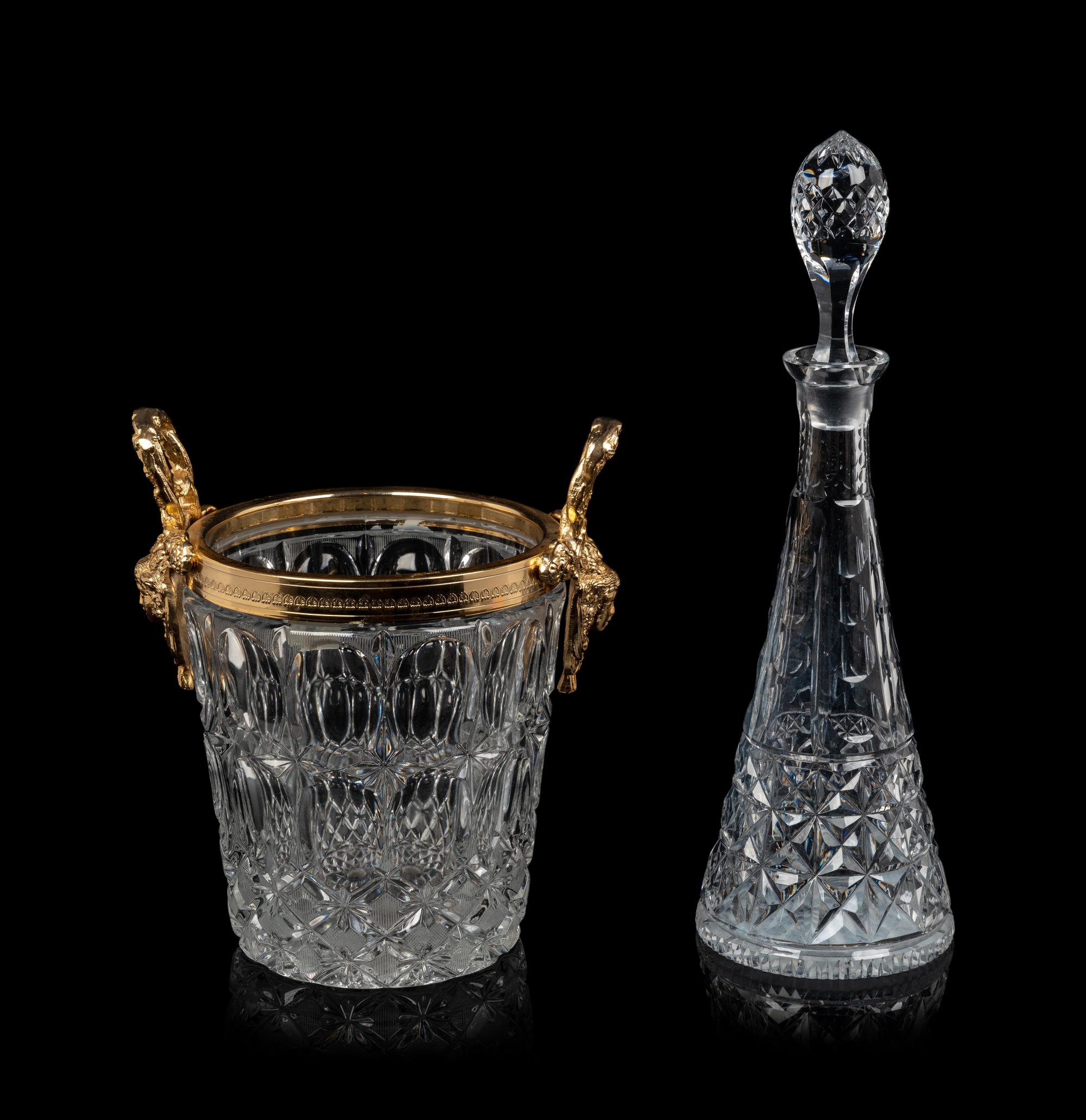 A French Gilt Metal Mounted Cut Glass Wine Cooler and a Similar Decanter