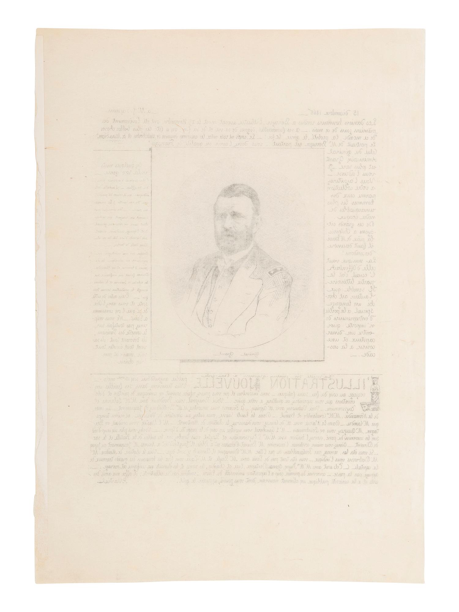 [GRANT, U.S.] 1868 photolithographic etching of Grant in military dress with announcements in French