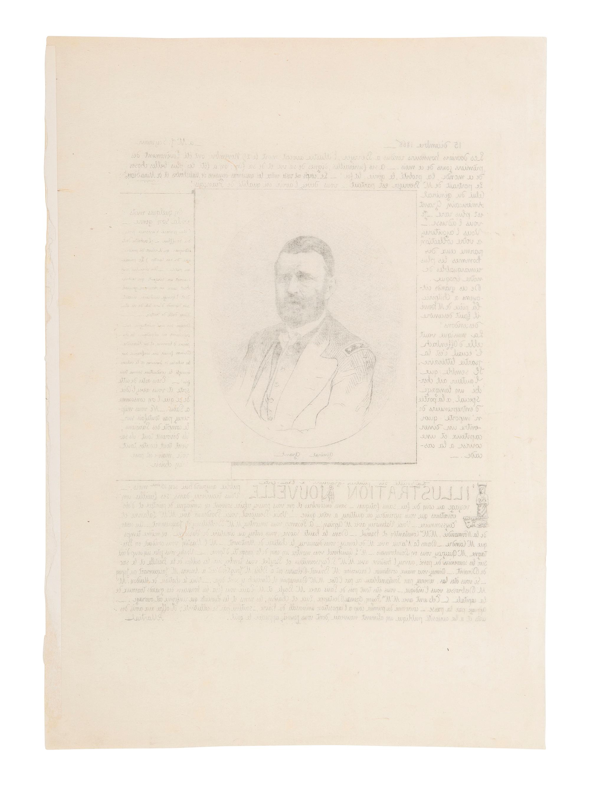 [GRANT, U.S.] 1868 photolithographic etching of Grant in military dress with announcements in French
