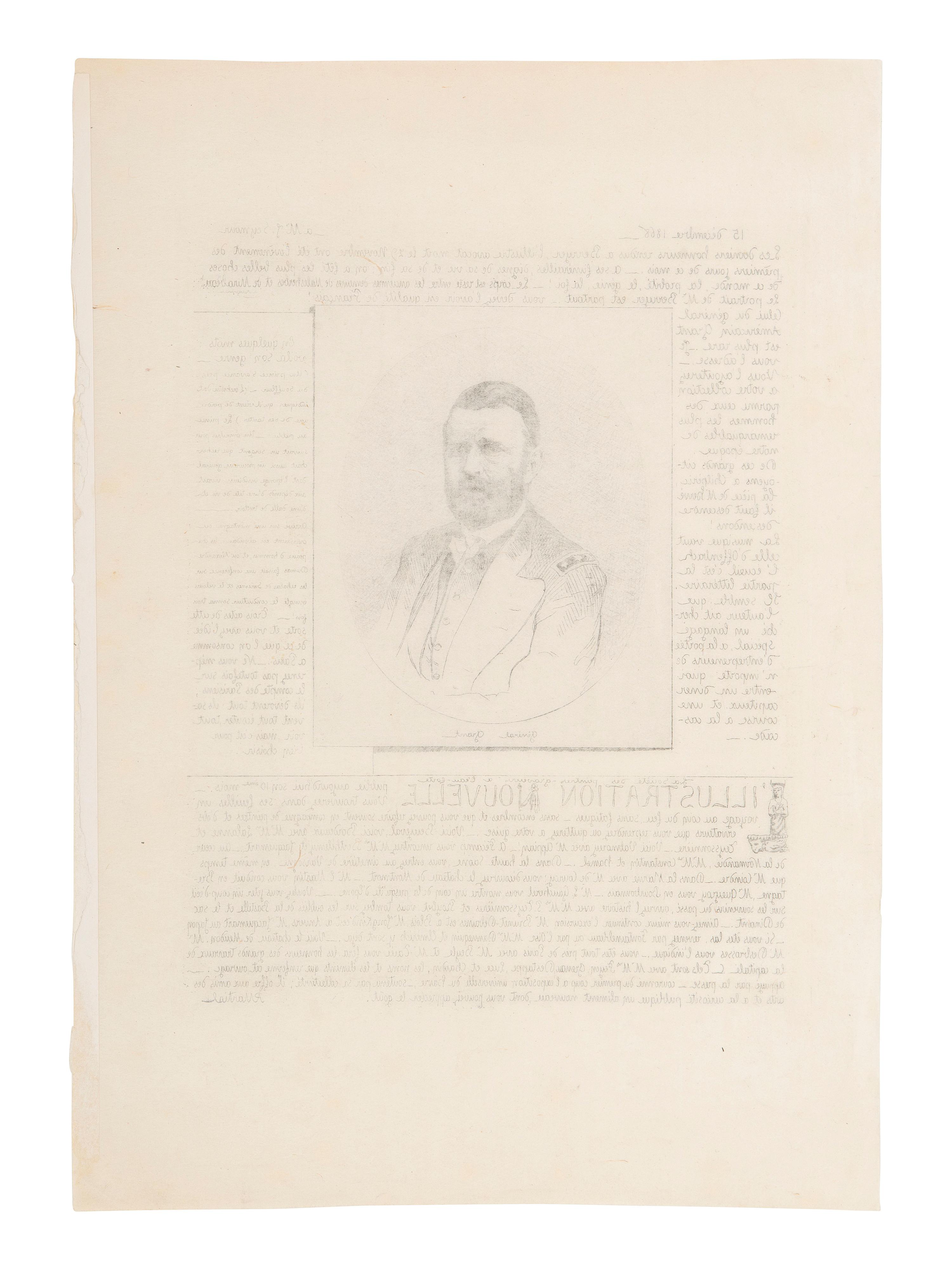 [GRANT, U.S.] 1868 photolithographic etching of Grant in military dress with announcements in French