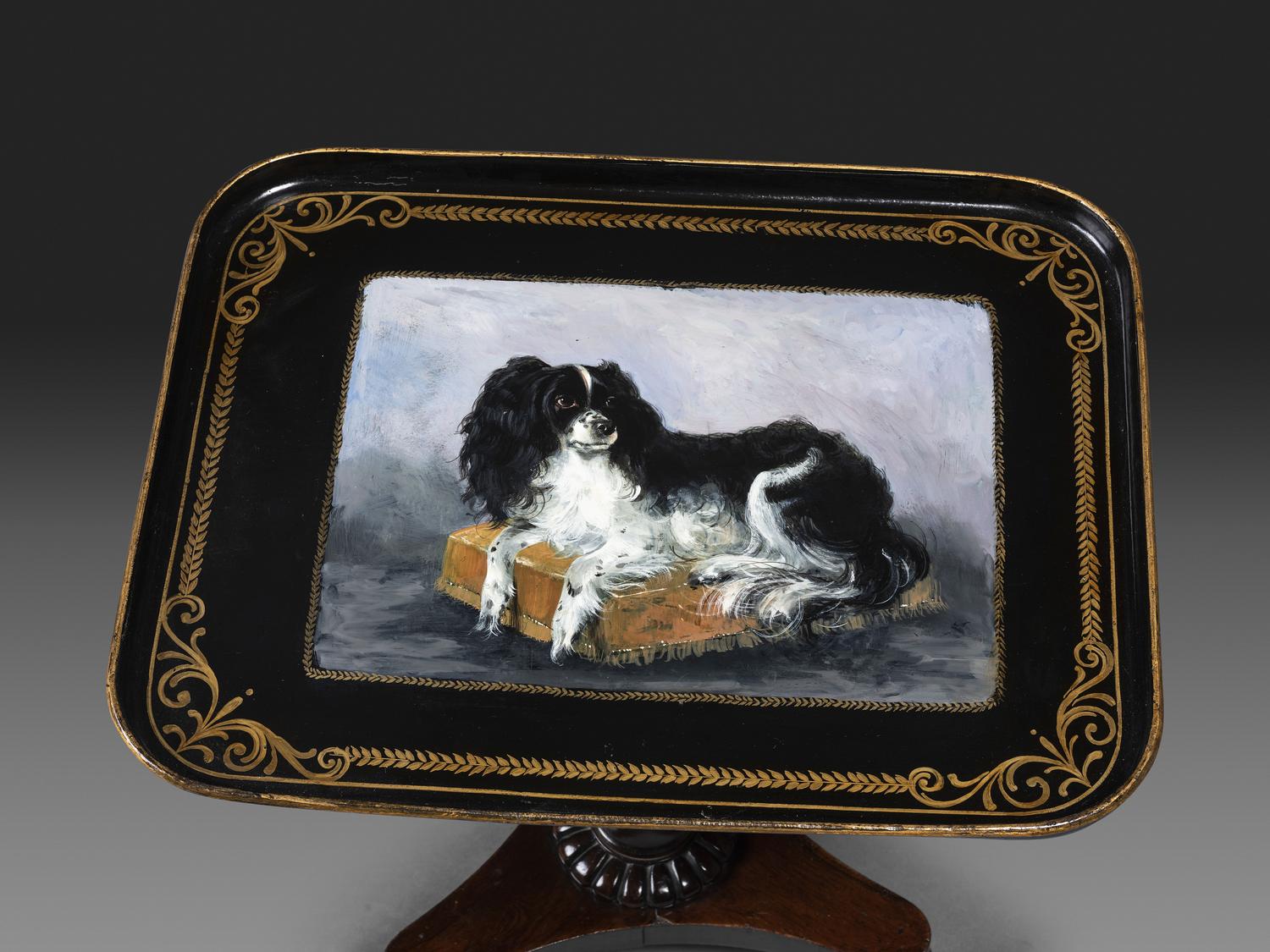 A Victorian Parcel Gilt and King Charles Spaniel Painted Tray Top Table