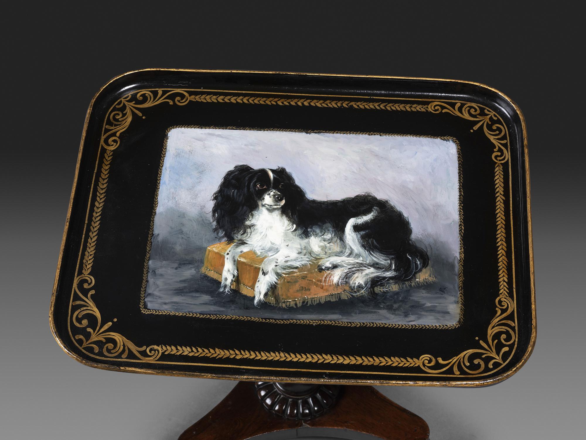 A Victorian Parcel Gilt and King Charles Spaniel Painted Tray Top Table