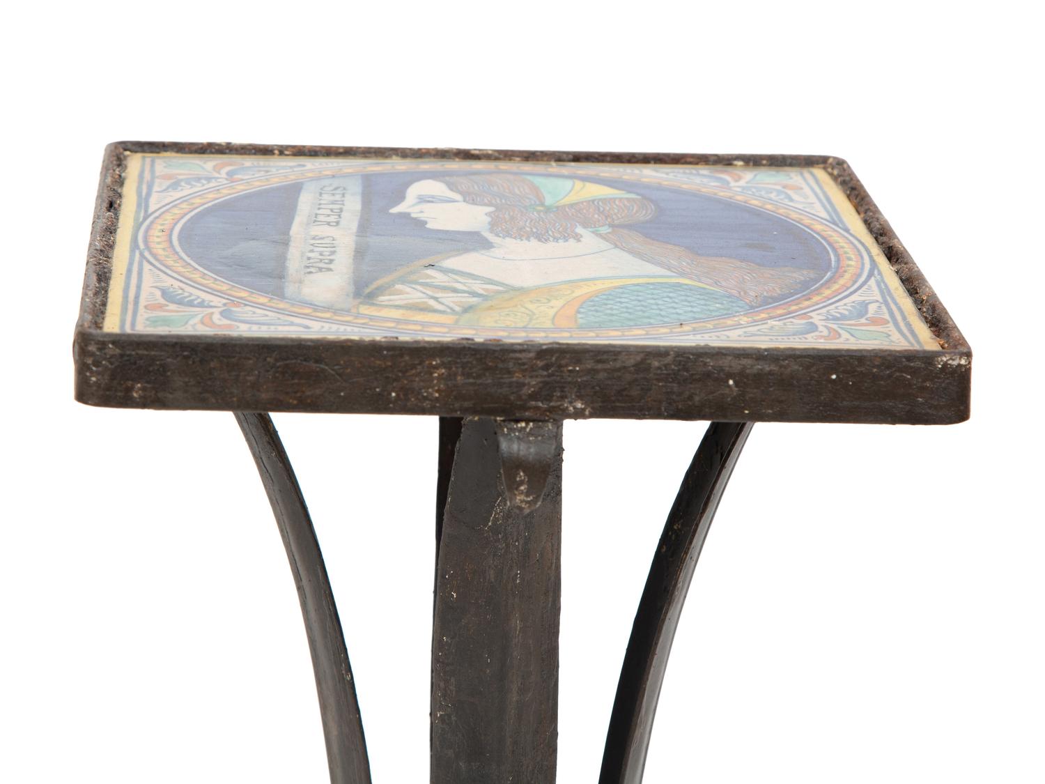A Pair of Mizner Style Tile-Top Metal Side Tables