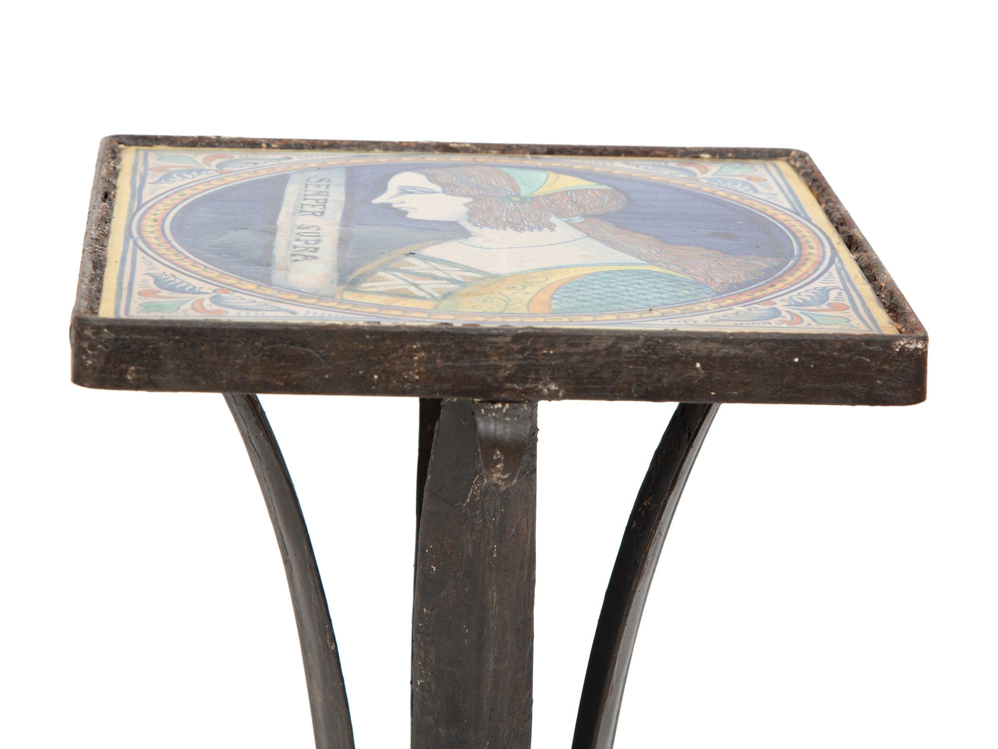 A Pair of Mizner Style Tile-Top Metal Side Tables