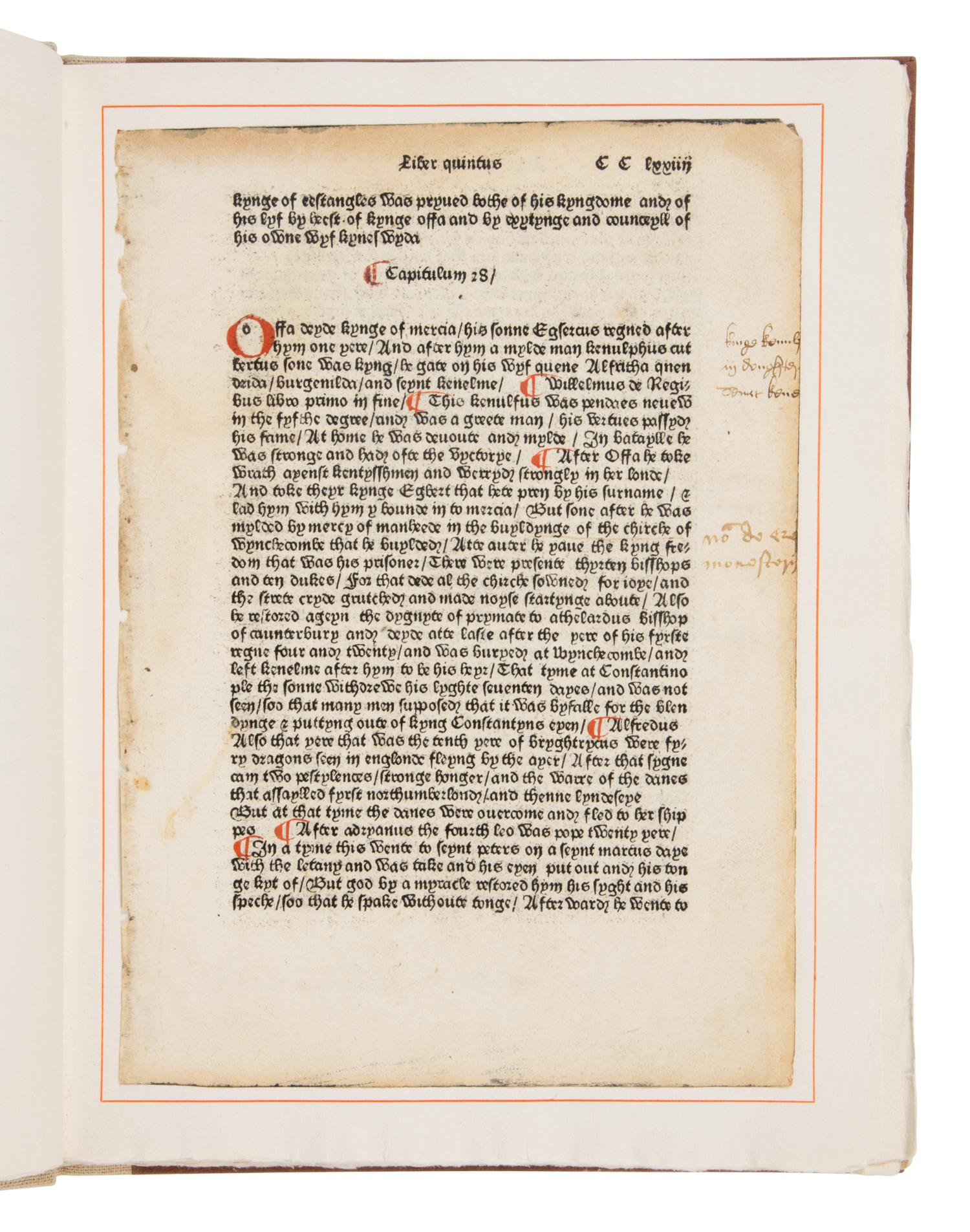 [Book Club of California]. Caxton, William (ca 1422-1491 or 1492). An Original Leaf from the Polycronicon Printed by William Caxton at Westminster in the Year 1482 . San Francisco: The Grabhorn Press for The Book Club of California, 1938.