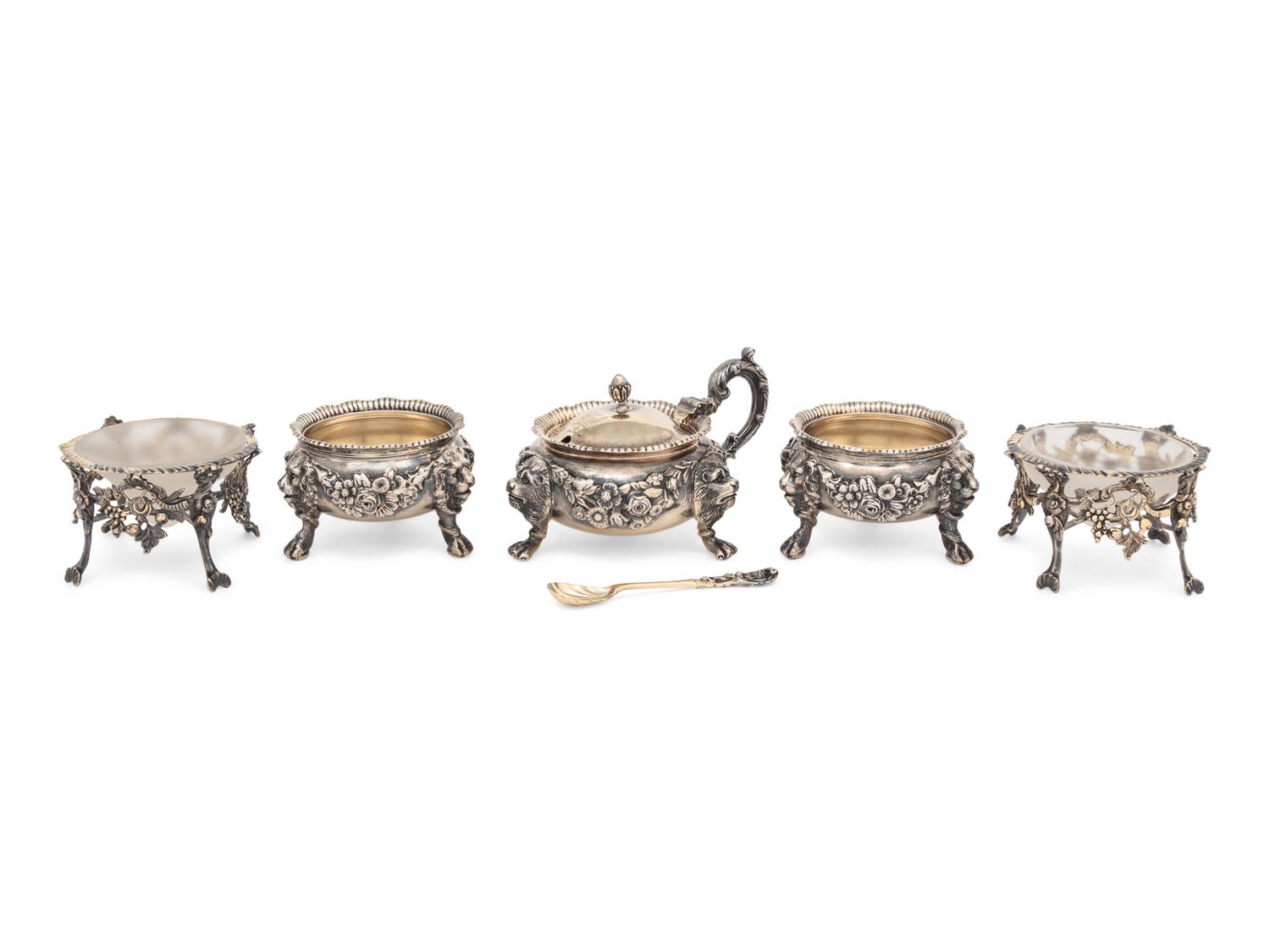 A Pair of English Silver-Gilt Footed Salt Cellars and Covered Condiment Bowl