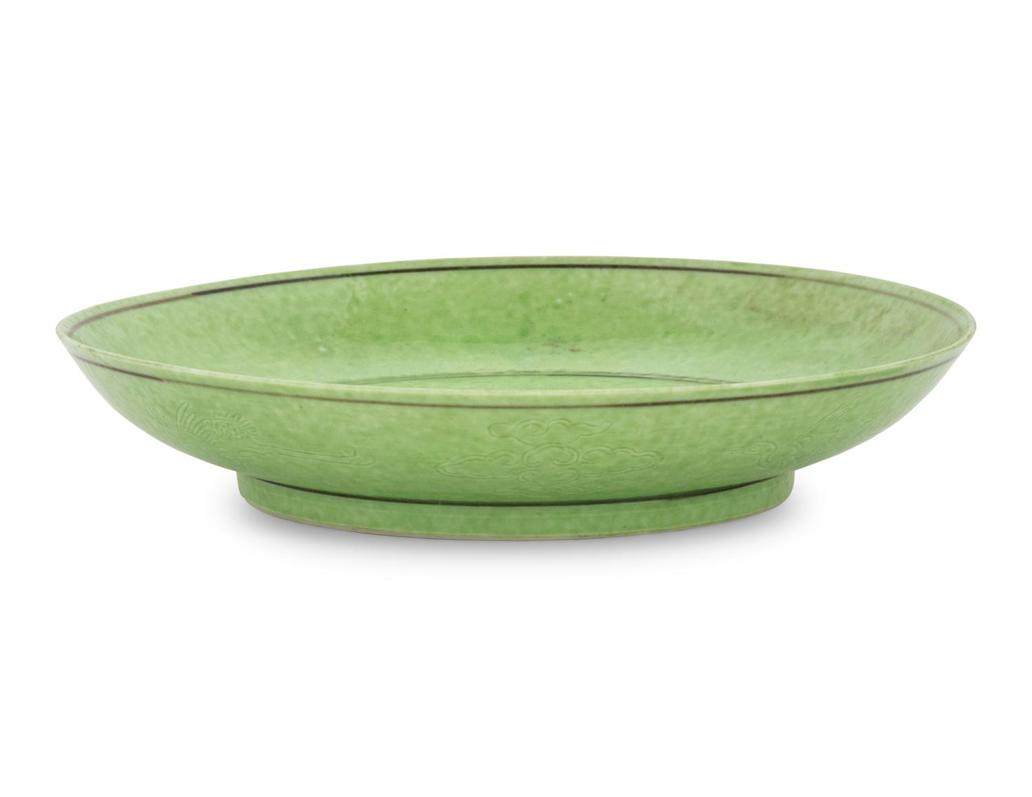 An Unusual Incised Lime-Green Glazed Porcelain 'Dragon' Dish
