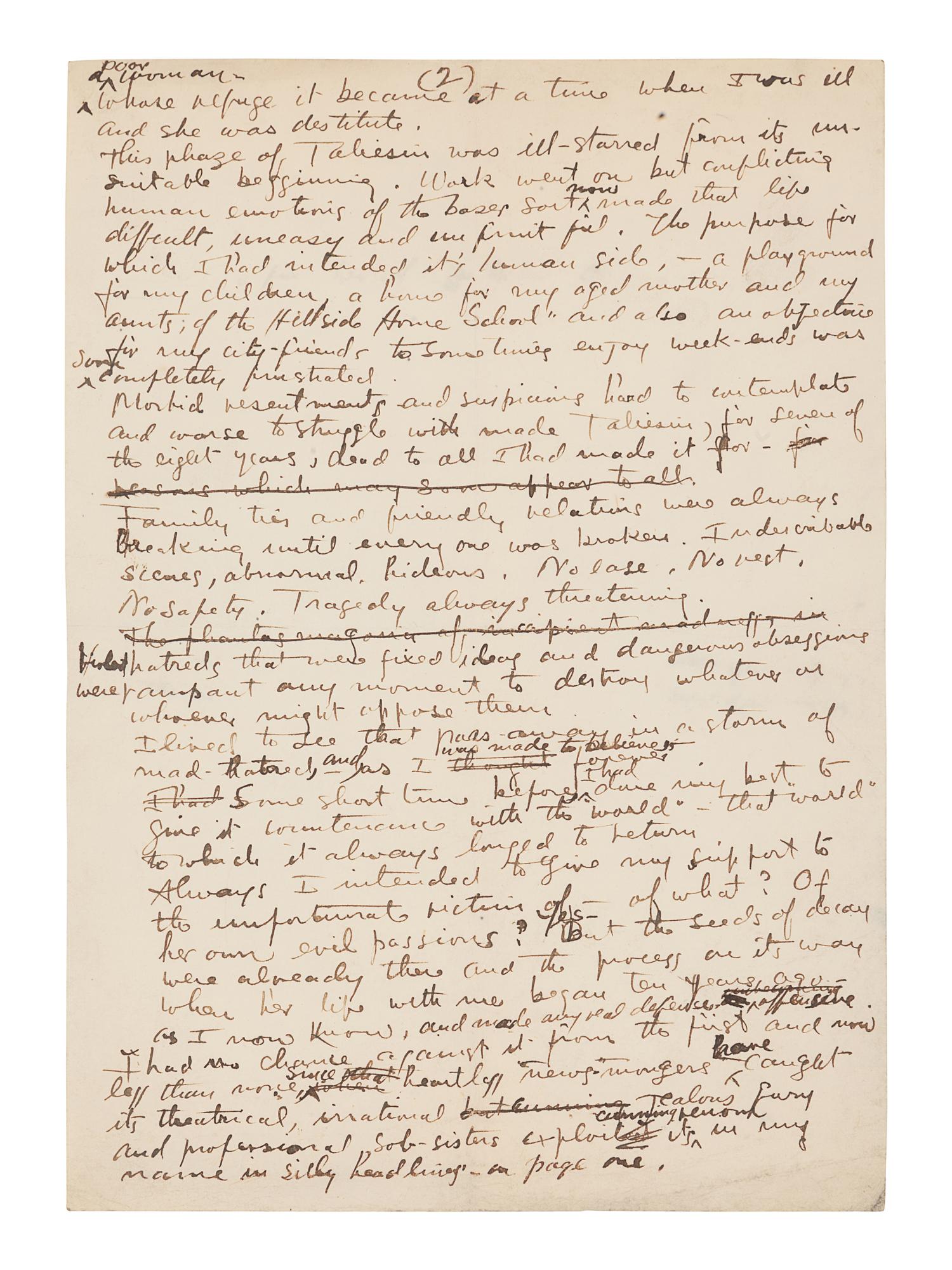 WRIGHT, Frank Lloyd (1867-1959). Autograph manuscript signed ("Frank Lloyd Wright"), entitled "Taliesin III," numerous holograph emendations and corrections in ink, a few in pencil N.p. Taliesin, 8 June 1926. 5 1/2 pages, 4to, creased.
