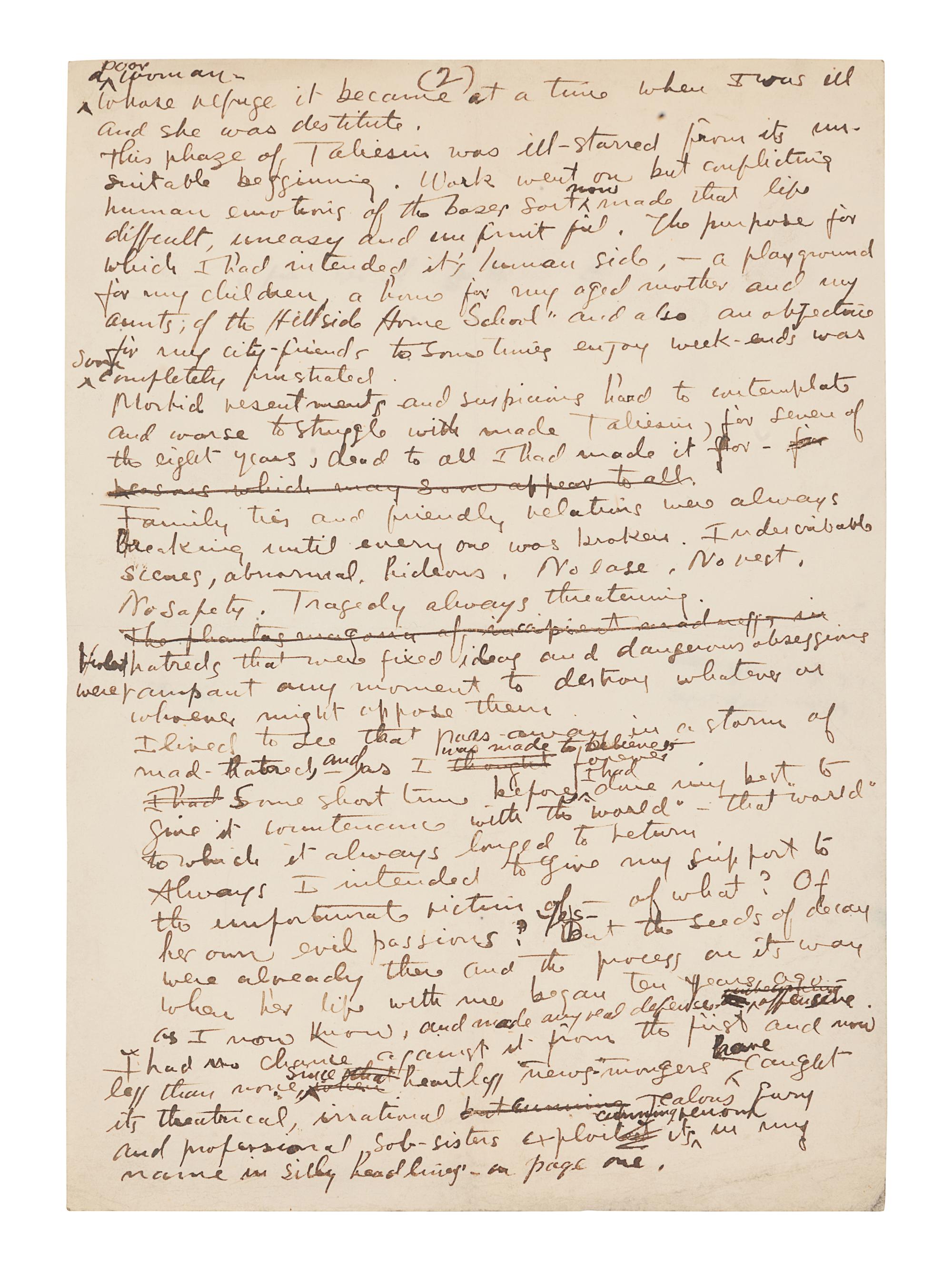 WRIGHT, Frank Lloyd (1867-1959). Autograph manuscript signed ("Frank Lloyd Wright"), entitled "Taliesin III," numerous holograph emendations and corrections in ink, a few in pencil N.p. Taliesin, 8 June 1926. 5 1/2 pages, 4to, creased.