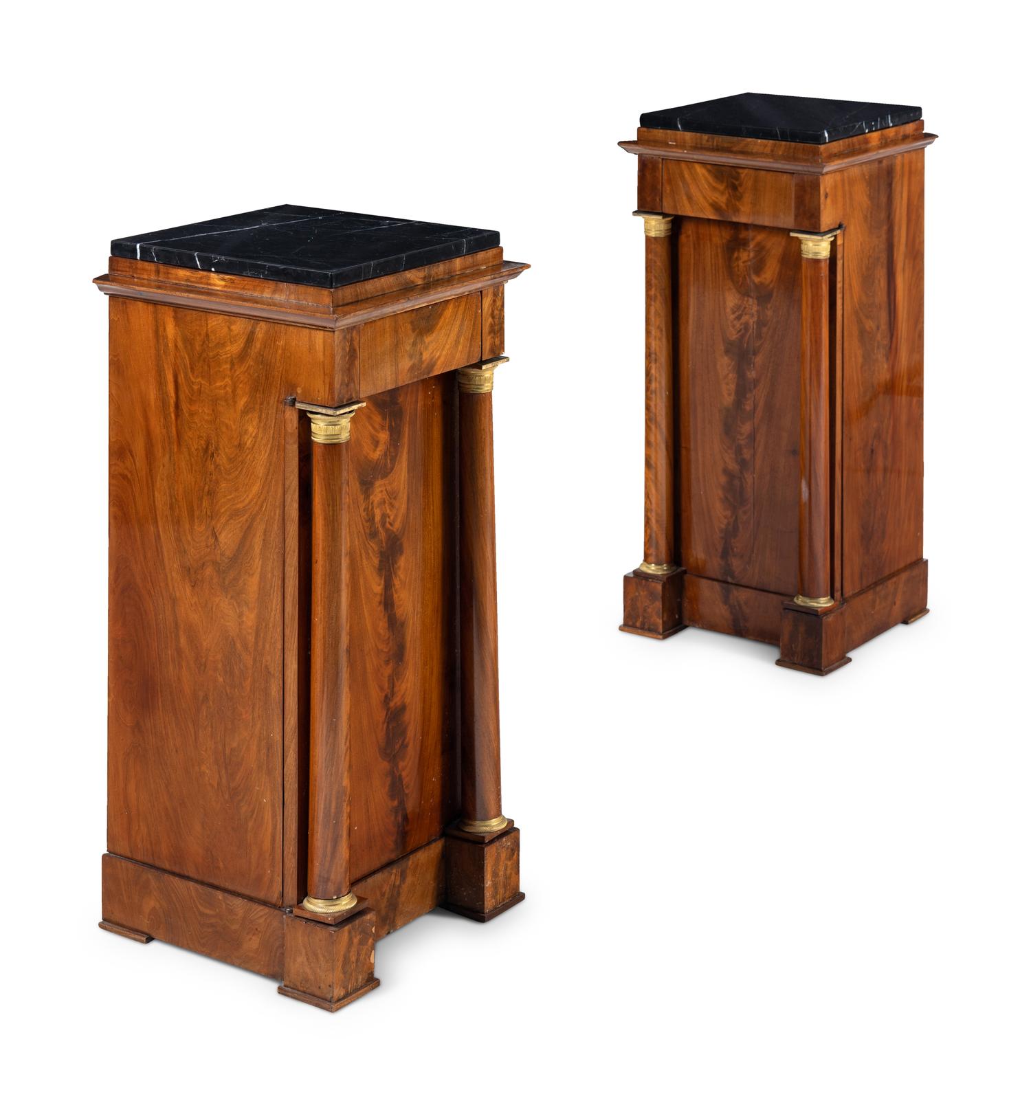 A Pair of Empire Style Mahogany Marble-Top Side Cabinets
