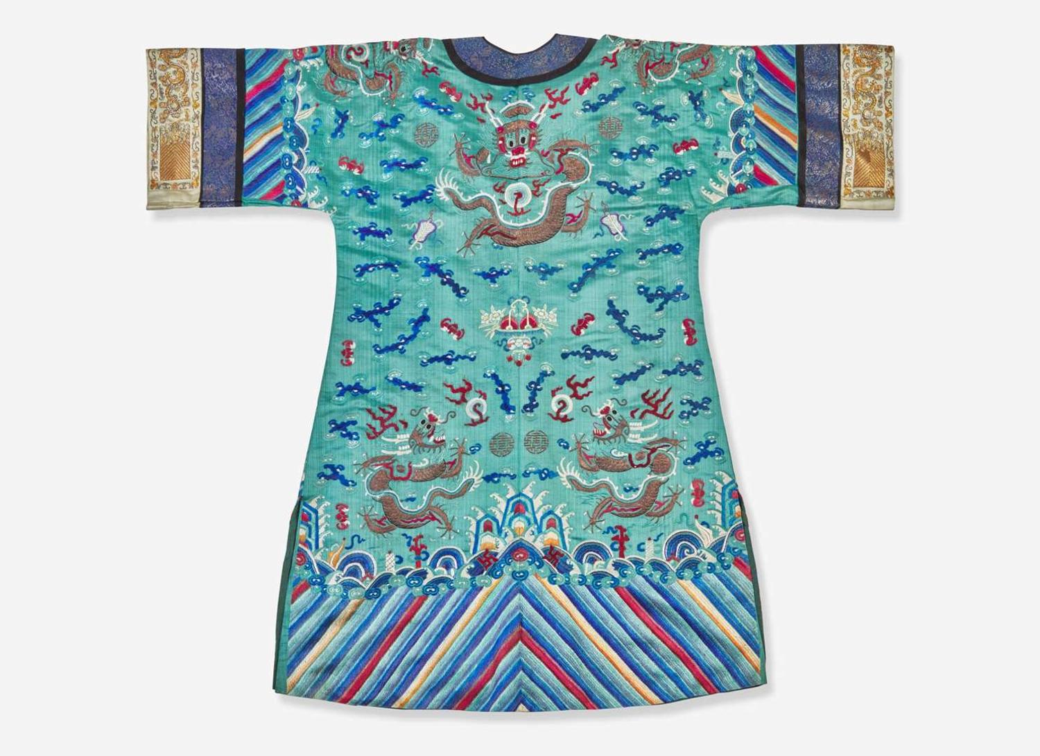 A Chinese embroidered teal blue silk "Dragon" surcoat, late 19th to 20th century 刺繡青藍龍紋袍 十九或二十世紀