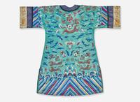 A Chinese embroidered teal blue silk "Dragon" surcoat, late 19th to 20th century 刺繡青藍龍紋袍 十九或二十世紀