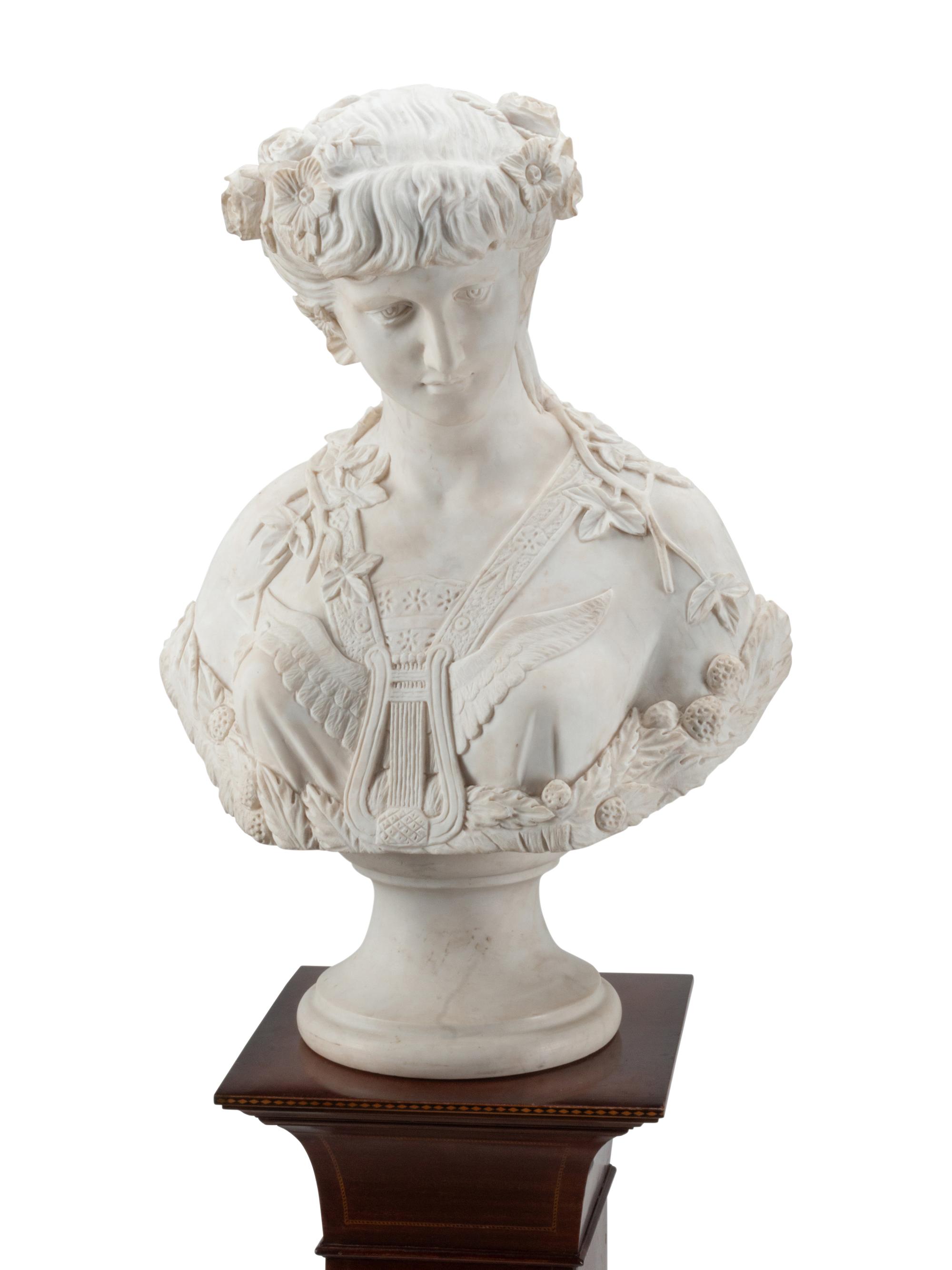 An Italian Marble Bust with an Associated Line-Inlaid Mahogany Pedestal