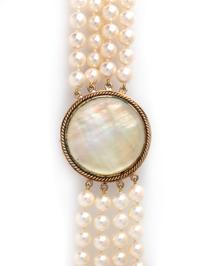 MULTISTRAND CULTURED PEARL, TOPAZ, AND ENAMEL NECKLACE