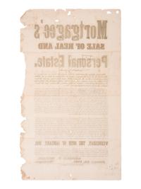 [SLAVERY & ABOLITION]. Mortgagee's Sale of Real and Personal Estate broadside advertising the sale of "personal property" including the enslaved woman "Eliza." Clay County, Missouri. 4 January 1861.