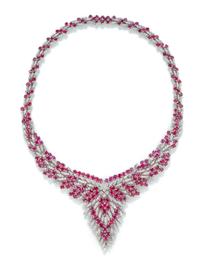 A 14 Karat White Gold, Ruby and Diamond Bib Necklace, 71.70 dwts.