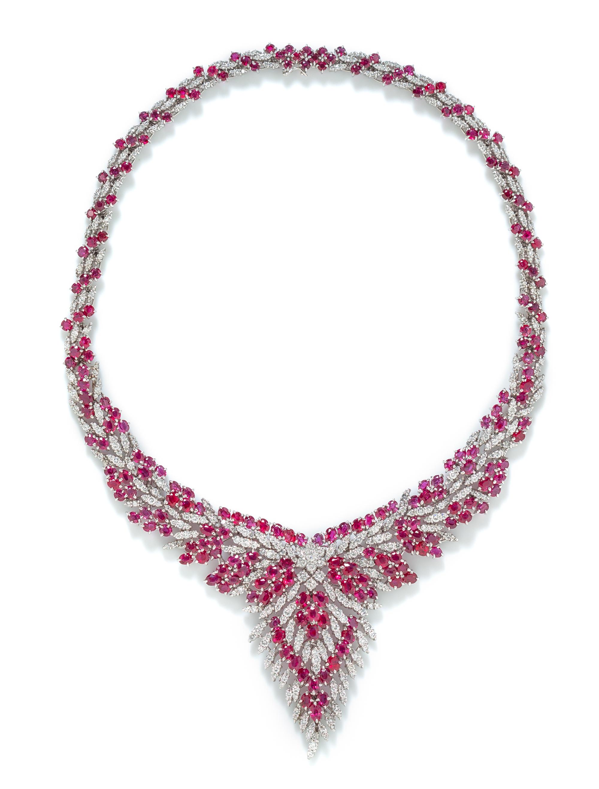 A 14 Karat White Gold, Ruby and Diamond Bib Necklace, 71.70 dwts.