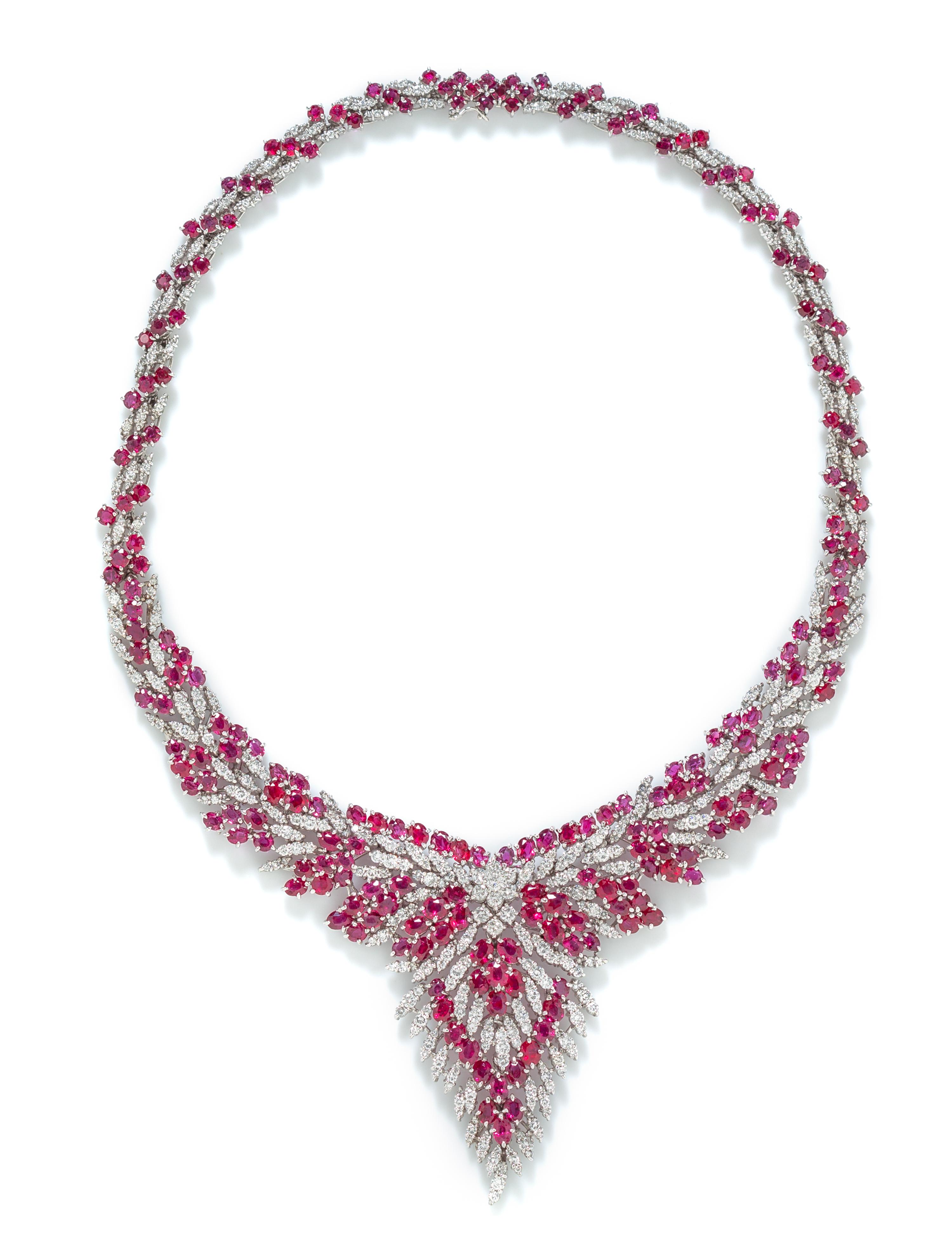 A 14 Karat White Gold, Ruby and Diamond Bib Necklace, 71.70 dwts.