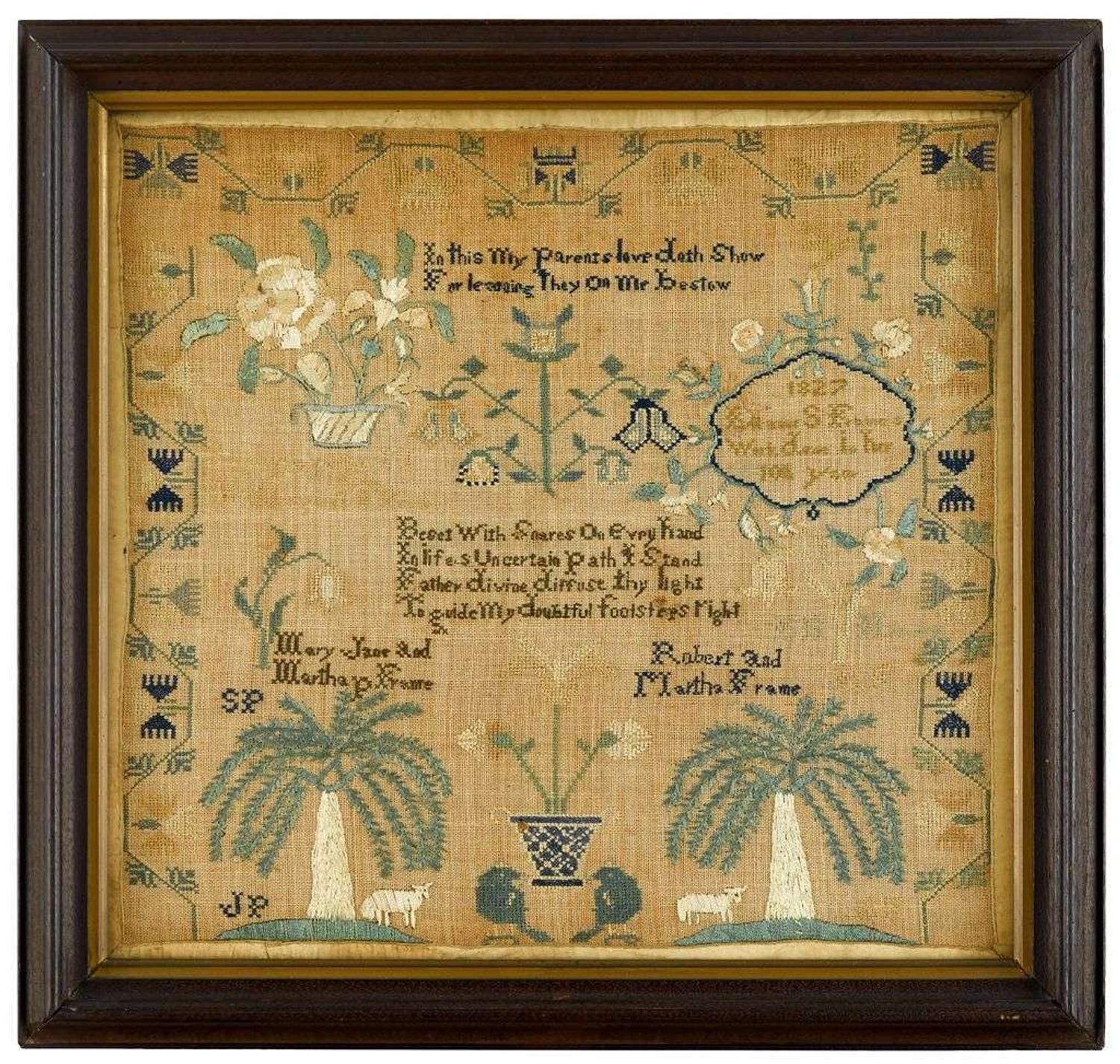 Needleworked sampler "elinor s.frame's work done in her 11th year, 1827"