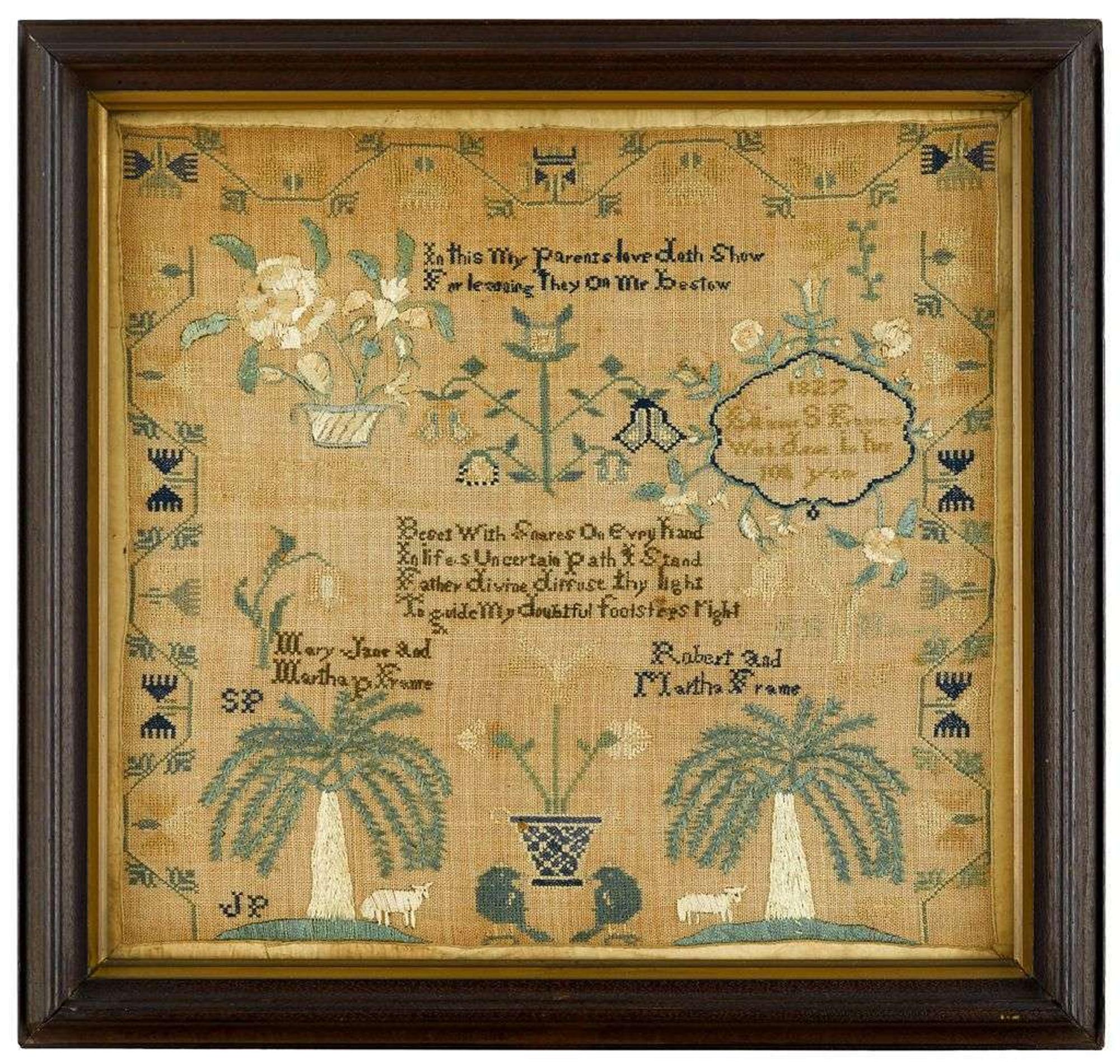 Needleworked sampler "elinor s.frame's work done in her 11th year, 1827"