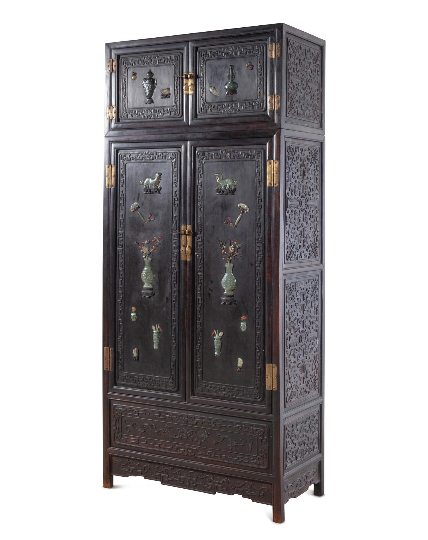 A Chinese Jade and Hardstone Inset Hardwood Compound Cabinet, Dingxianggui