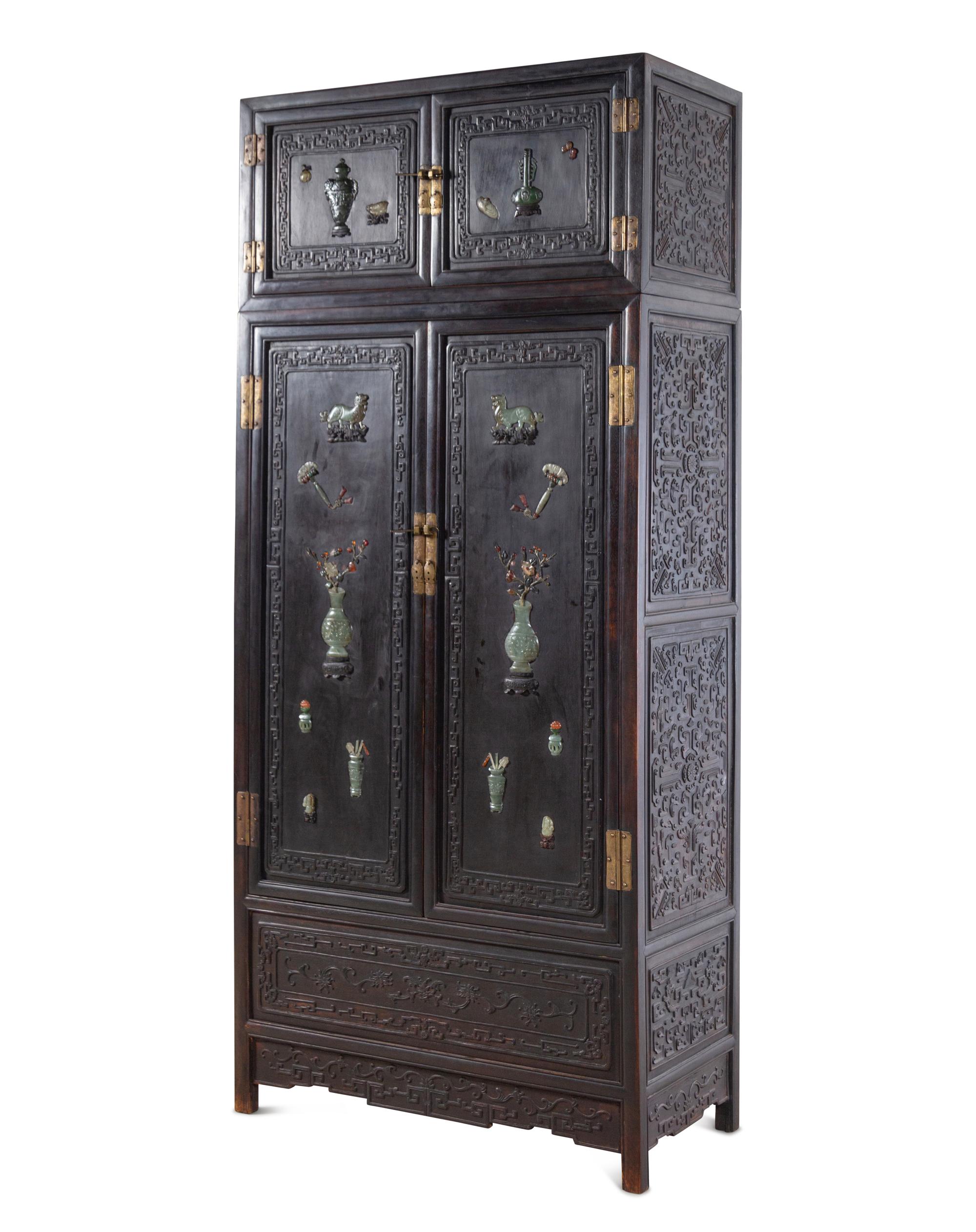 A Chinese Jade and Hardstone Inset Hardwood Compound Cabinet, Dingxianggui