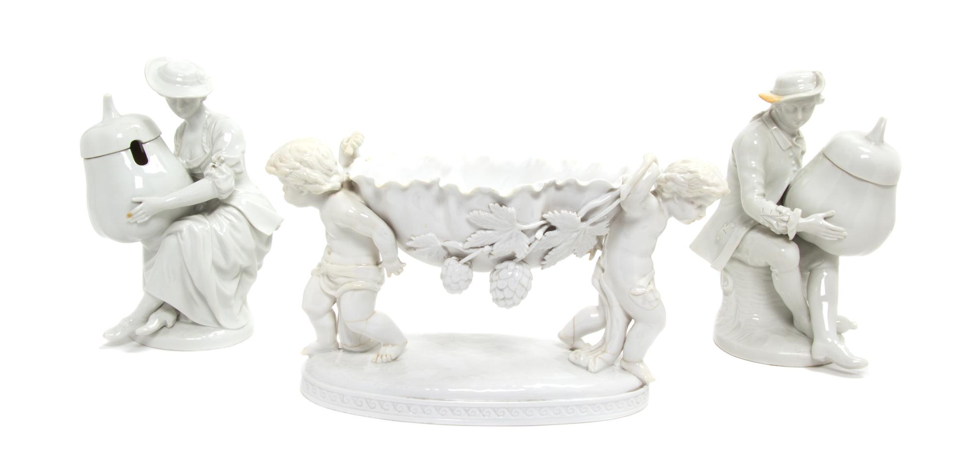 Three White Glazed Porcelain Articles Height of tallest 8 inches.