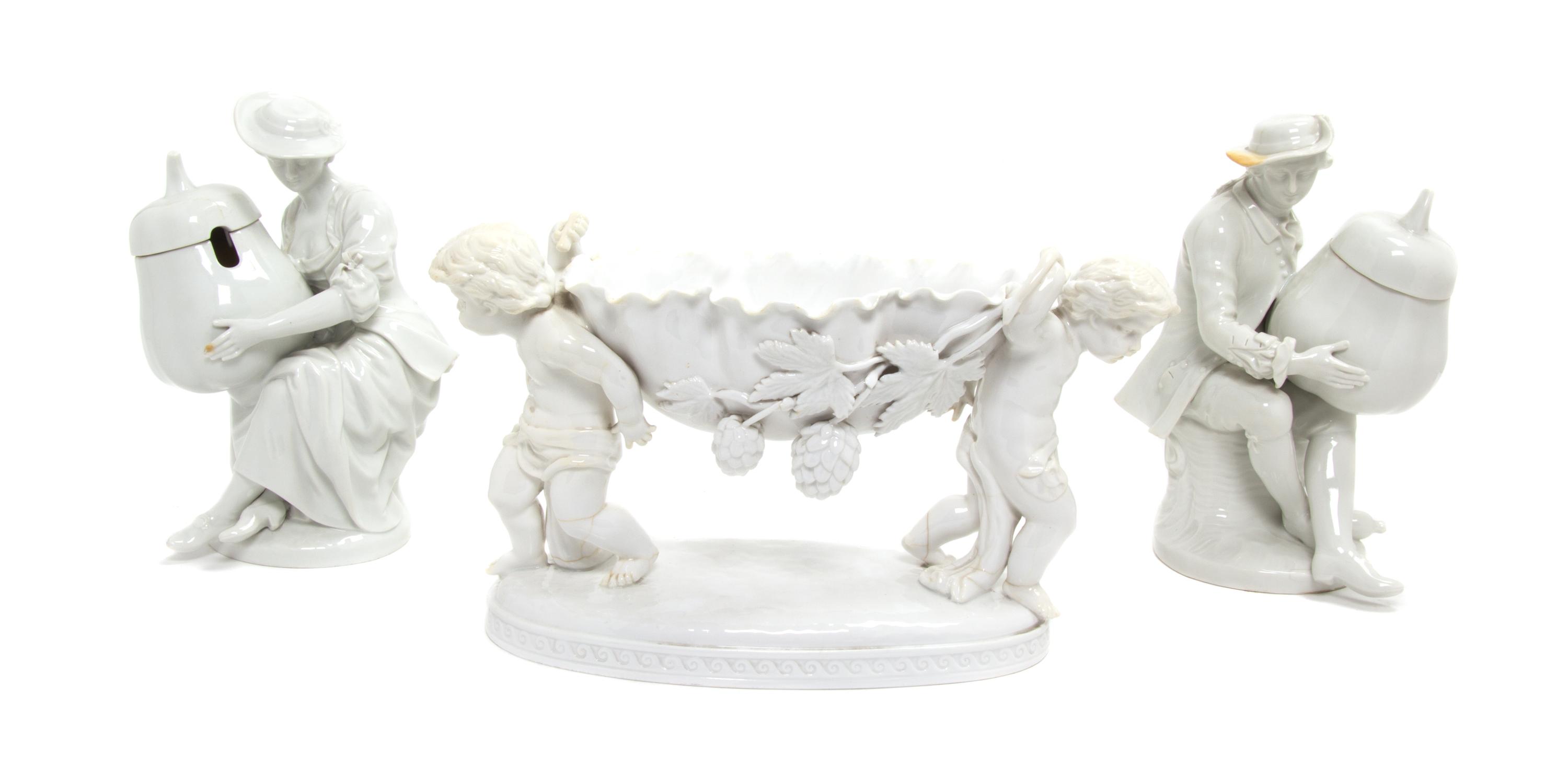 Three White Glazed Porcelain Articles Height of tallest 8 inches.