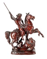 A Carved Wood Figural Group of a Young Man on Horseback Slaying a Lion