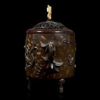 A Gold-Splashed Patinated Bronze Censer with Pierced Wood Cover, 19th Century 十九世紀 銅灑片金龍紋雙耳三足爐
