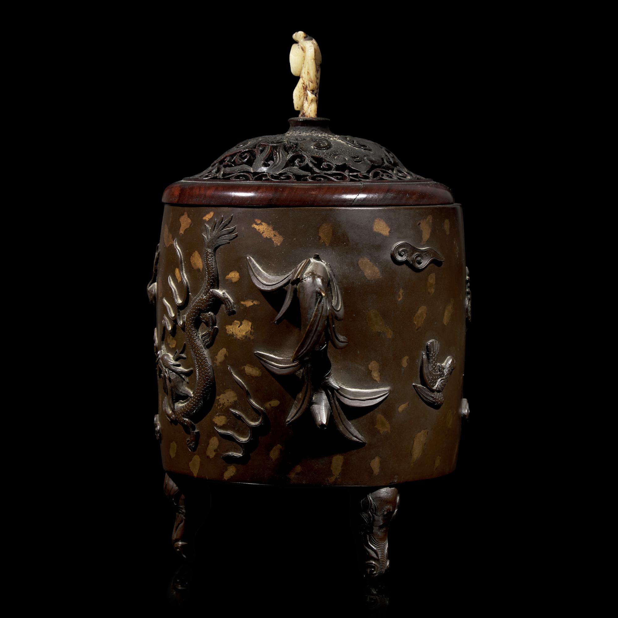 A Gold-Splashed Patinated Bronze Censer with Pierced Wood Cover, 19th Century 十九世紀 銅灑片金龍紋雙耳三足爐