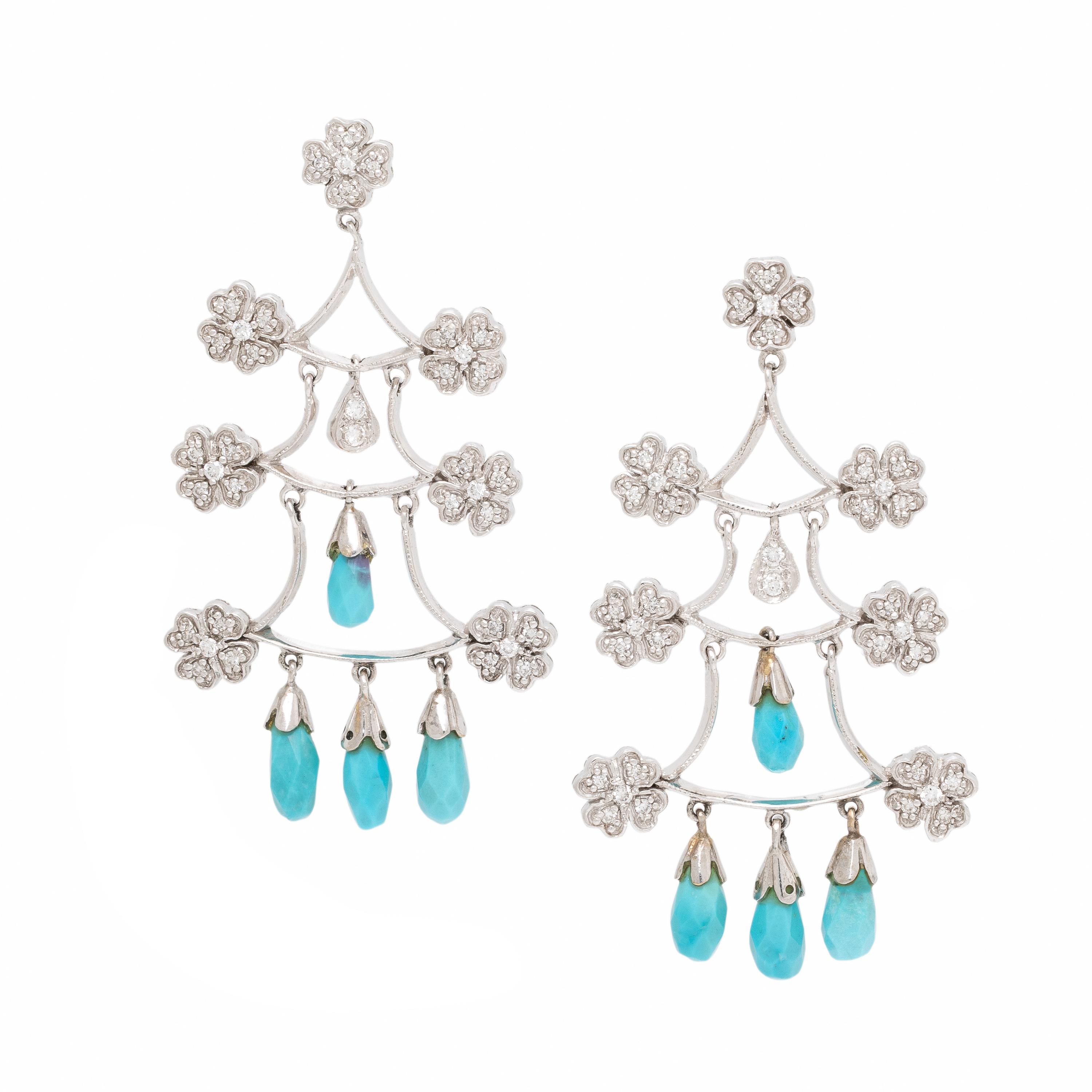 Diamond, Turquoise, and White Gold Earrings