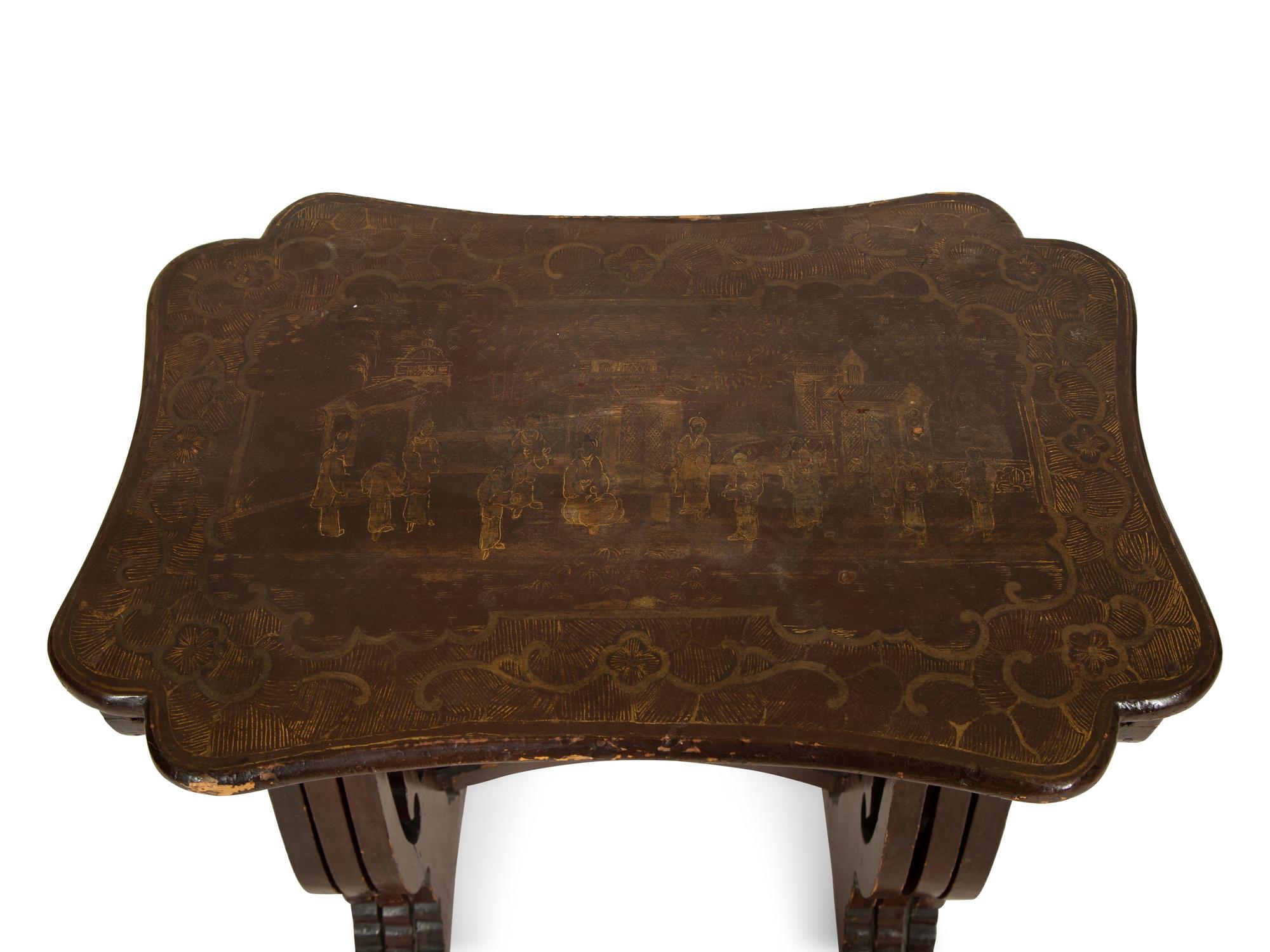 A Set of Three Chinese Export Quartetto Tables in Red and Gilt Lacquer