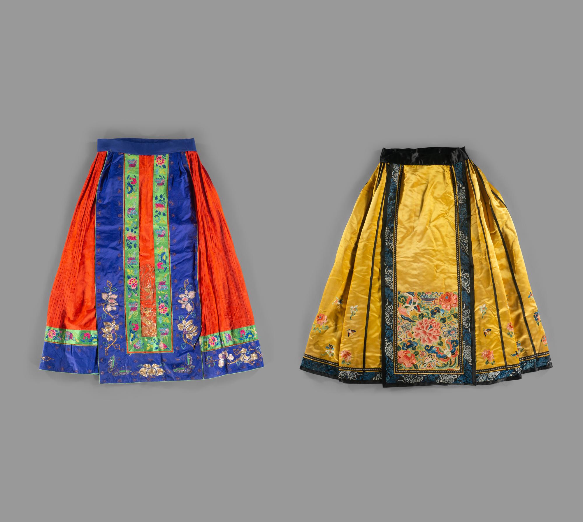 Two Chinese Embroidered Silk Skirts