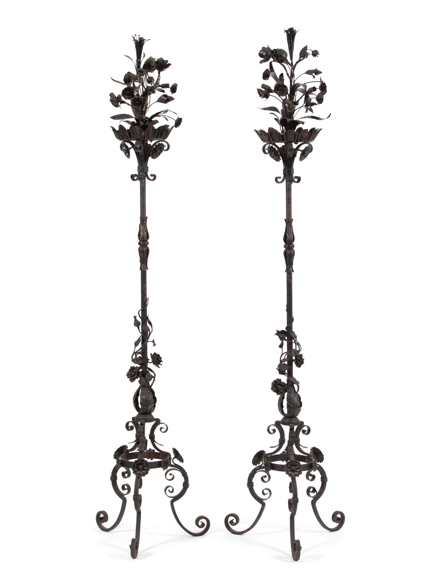 A Pair of Mizner Style Five-Light Wrought Iron Torcheres — FIRST QUARTER 20TH CENTURY