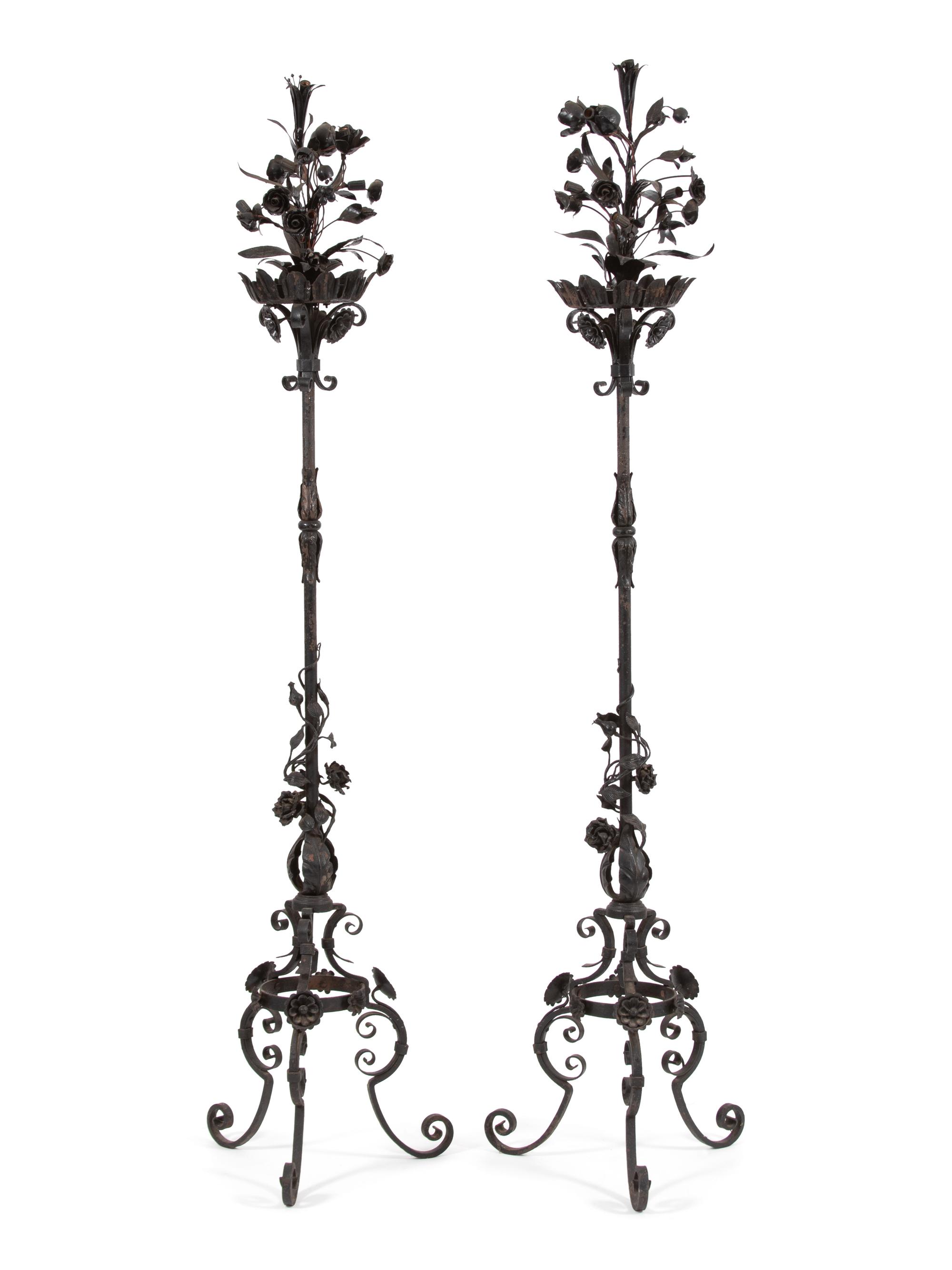 A Pair of Mizner Style Five-Light Wrought Iron Torcheres — FIRST QUARTER 20TH CENTURY