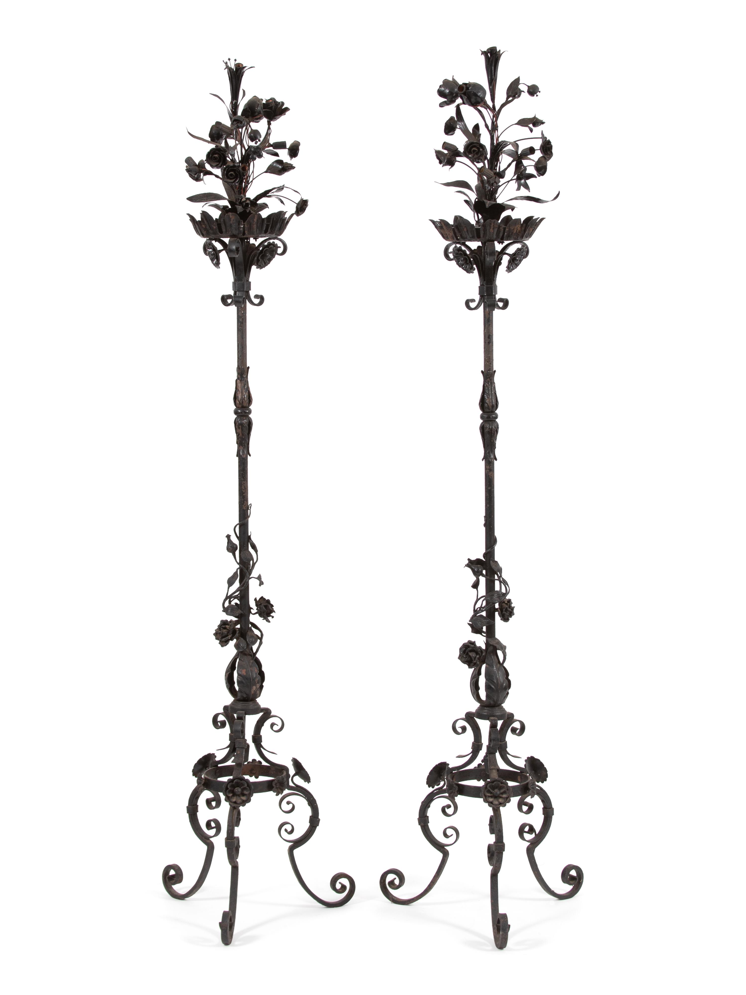 A Pair of Mizner Style Five-Light Wrought Iron Torcheres — FIRST QUARTER 20TH CENTURY