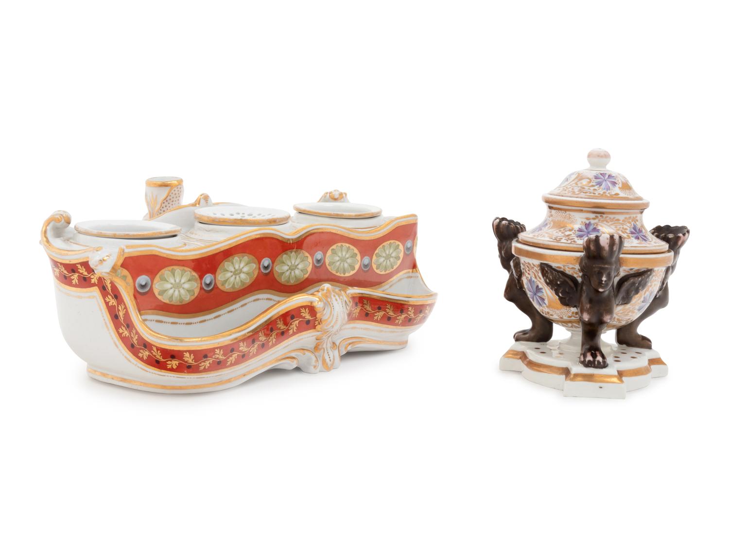 A Flight & Barr Polychrome and Parcel-Gilt Porcelain Standish