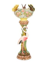 A Jerome Massier for Vallauris Majolica Roses and Butterfly Jardiniere on a Flamingo Pestal