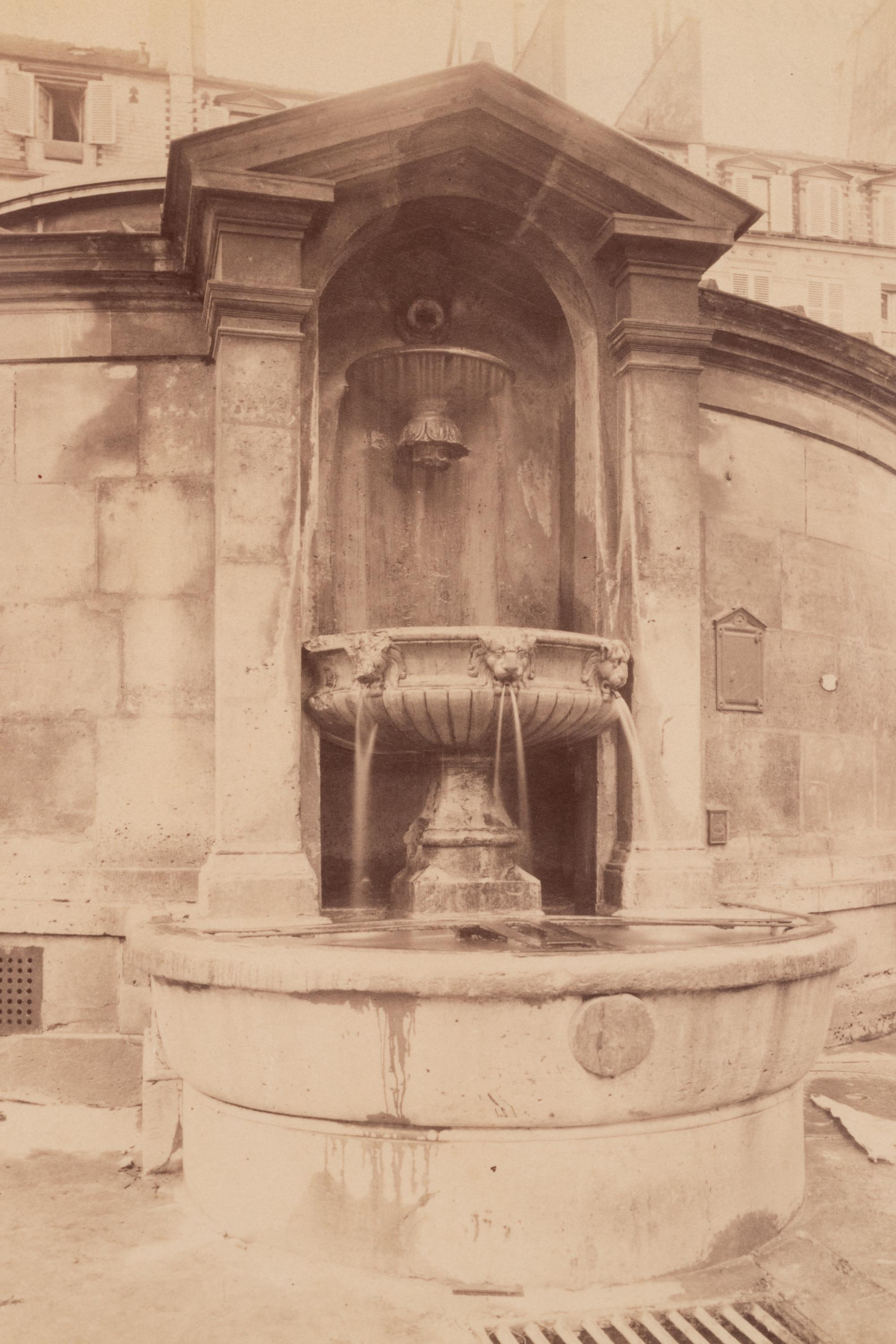 A pair of photographs depicting fountains ( Fontaine Minerve, Institut , 1899; Fontaine du Marché Saint-Honoré , 1903)