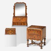A Dutch William & Mary walnut marquetry stand, box, and dressing mirror, 18th / 19th century