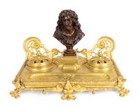 A Louis XV Style Gilt Bronze Encrier Mounted with Bronze Portrait Bust of Moliere — 19TH CENTURY