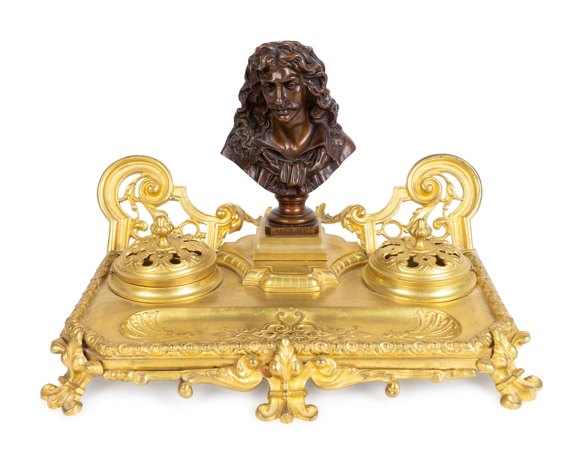 A Louis XV Style Gilt Bronze Encrier Mounted with Bronze Portrait Bust of Moliere — 19TH CENTURY
