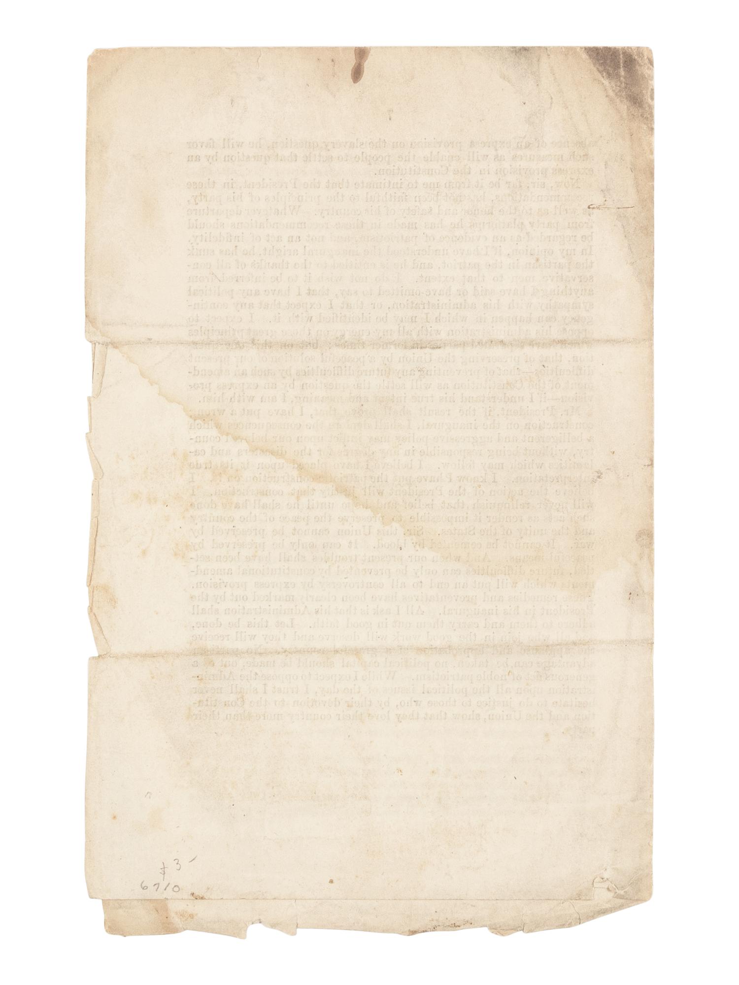 [1861 INAUGURAL ADDRESS]. DOUGLAS, Stephen A. (1813-1861). Remarks of Hon. Stephen A. Douglas, in the Senate of the United States, March 6, 1861, on the Resolution of Mr. Dixon to Print the Inaugural Address of President Lincoln . [Washington, D.C., 1861].