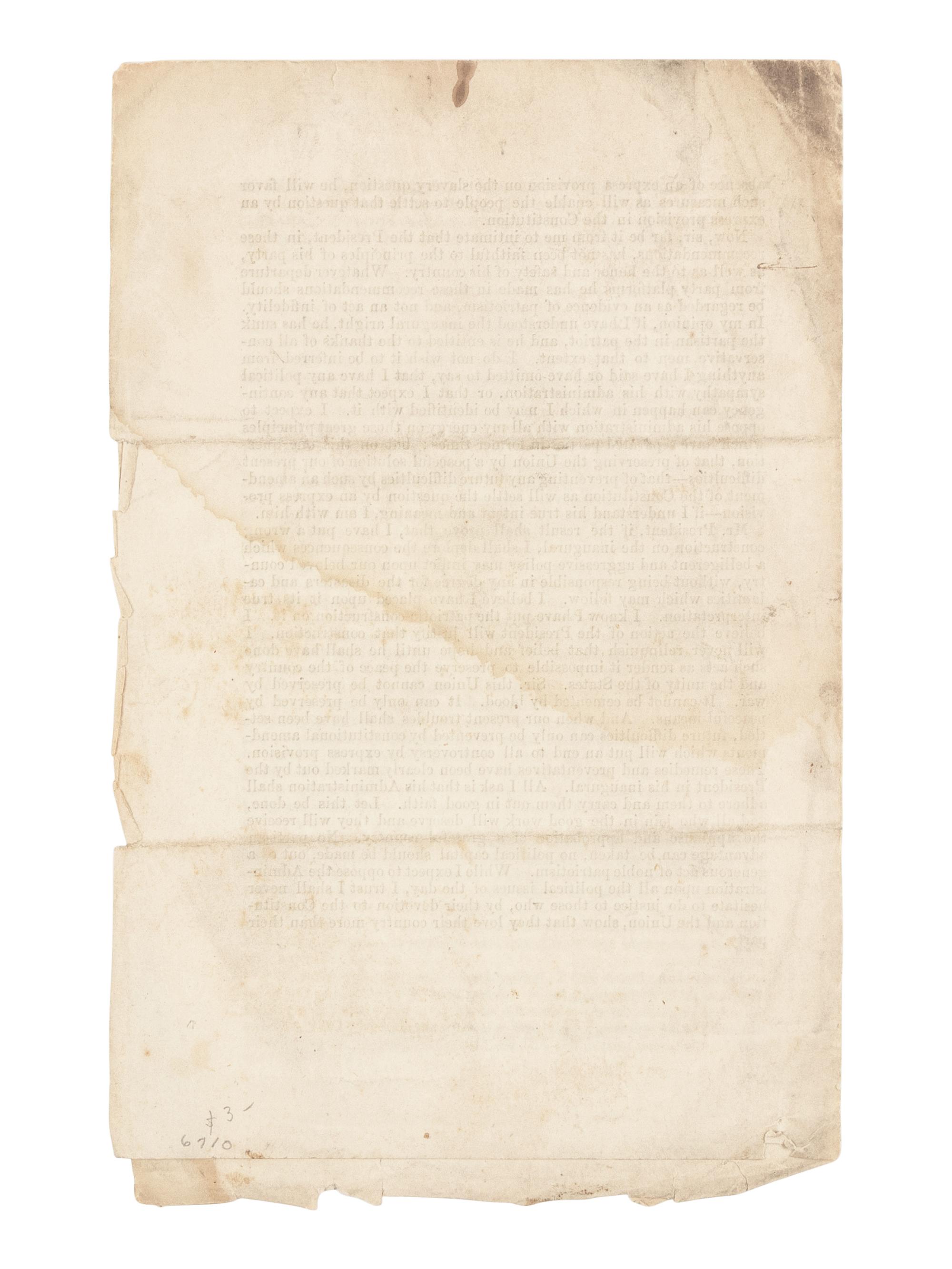 [1861 INAUGURAL ADDRESS]. DOUGLAS, Stephen A. (1813-1861). Remarks of Hon. Stephen A. Douglas, in the Senate of the United States, March 6, 1861, on the Resolution of Mr. Dixon to Print the Inaugural Address of President Lincoln . [Washington, D.C., 1861].