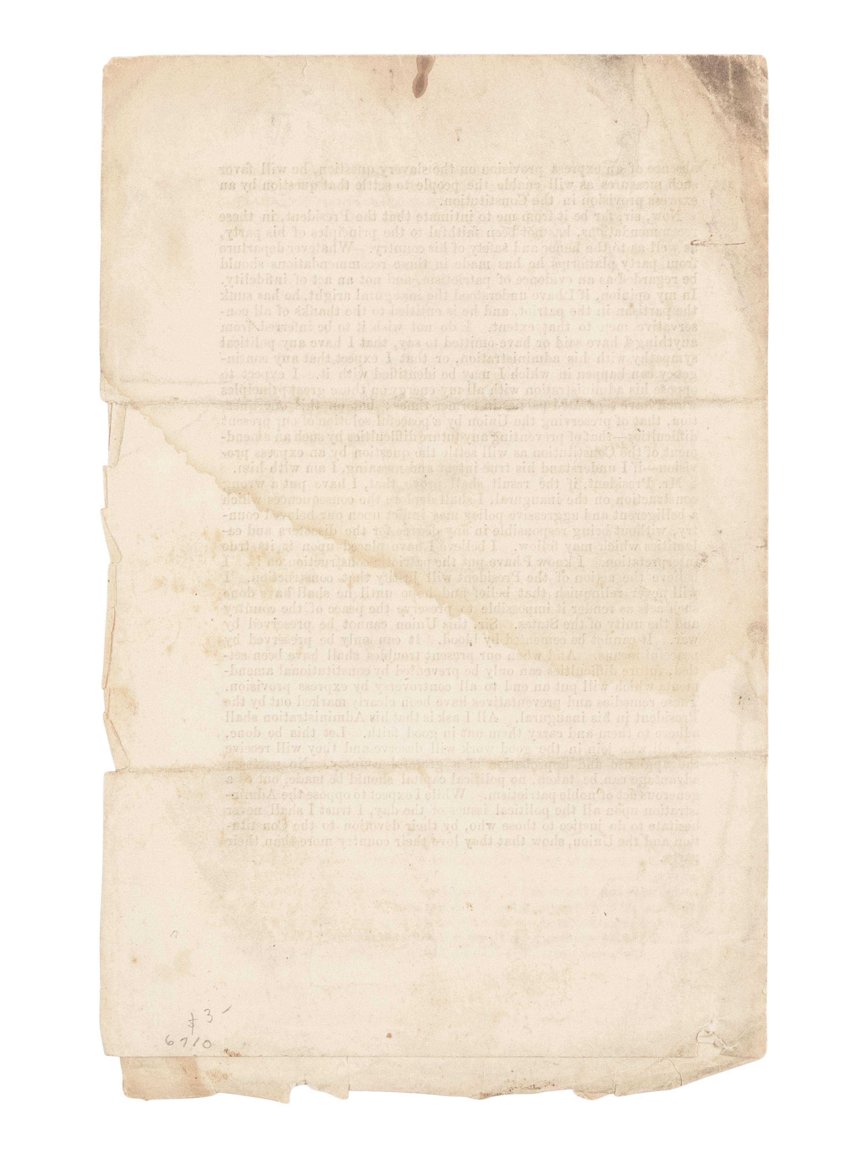 [1861 INAUGURAL ADDRESS]. DOUGLAS, Stephen A. (1813-1861). Remarks of Hon. Stephen A. Douglas, in the Senate of the United States, March 6, 1861, on the Resolution of Mr. Dixon to Print the Inaugural Address of President Lincoln . [Washington, D.C., 1861].